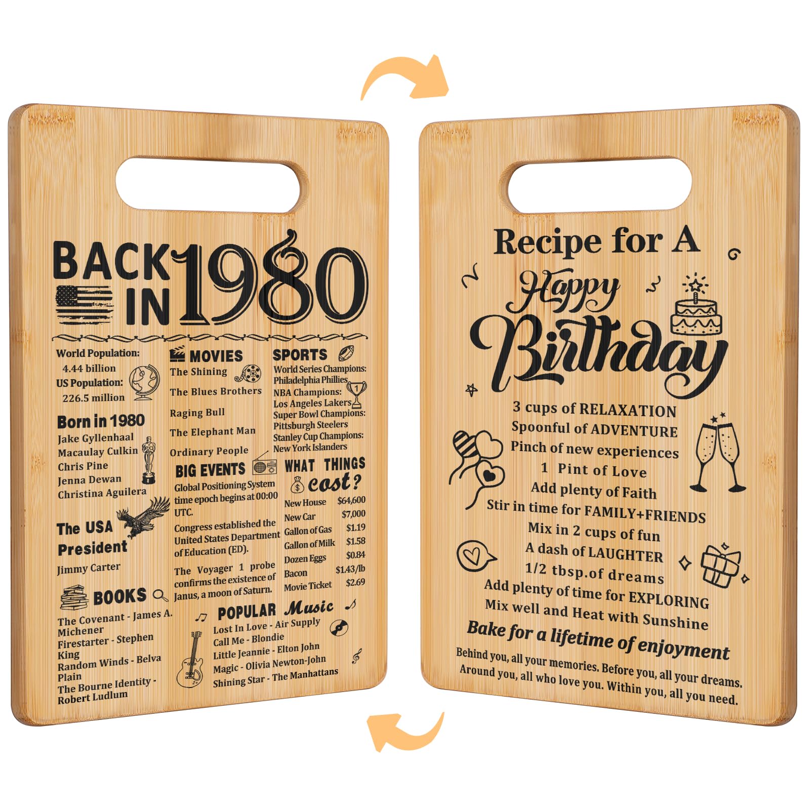 45th Birthday Gifts for Women Men,Back In 1980&Recipe for A Happy Birthday Double sided Cutting Board Gift for Her Him,45th birt