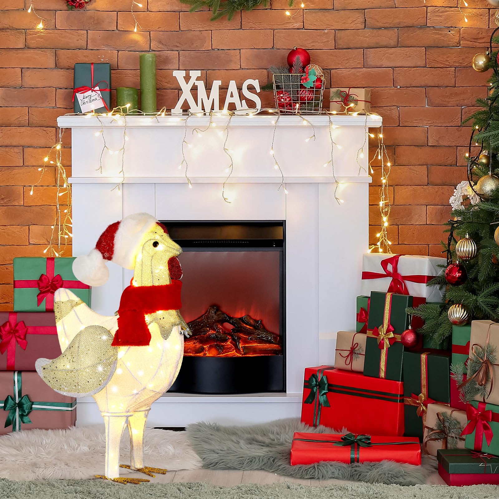Colingmill 20.8 Inch Light Up Chicken Christmas Decoration Outdoor Large Glitter Chicken with LED Lights and Metal Frame Pre Lit
