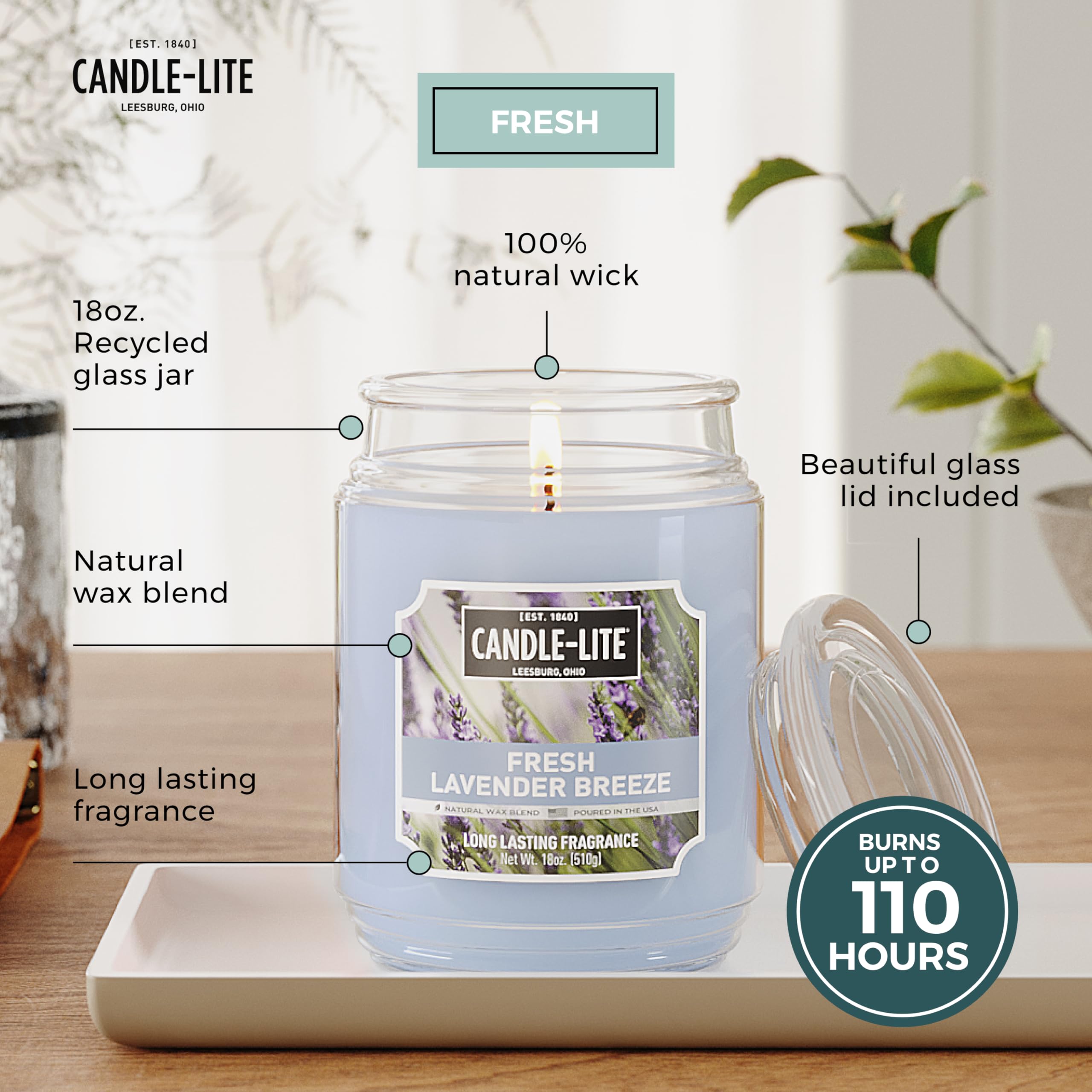 Candle-lite Scented Candles, Fresh Lavender Breeze Fragrance, One 18 oz. Single-Wick Aromatherapy Candle with 110 Hours of Burn