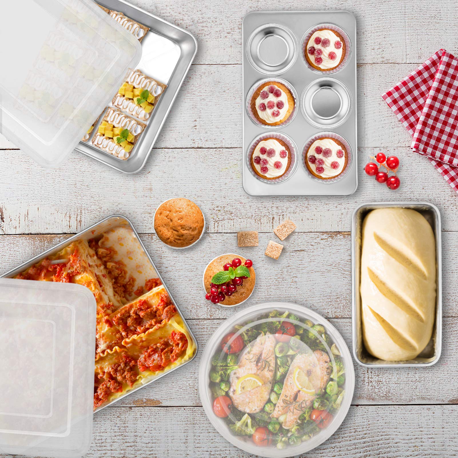 Teamfar Stainless Steel Bakeware Set Of 8, Baking Roasting Pan Set With Lid, Lasagna Pan With Lid, Square & Round Cake Pan, Loaf