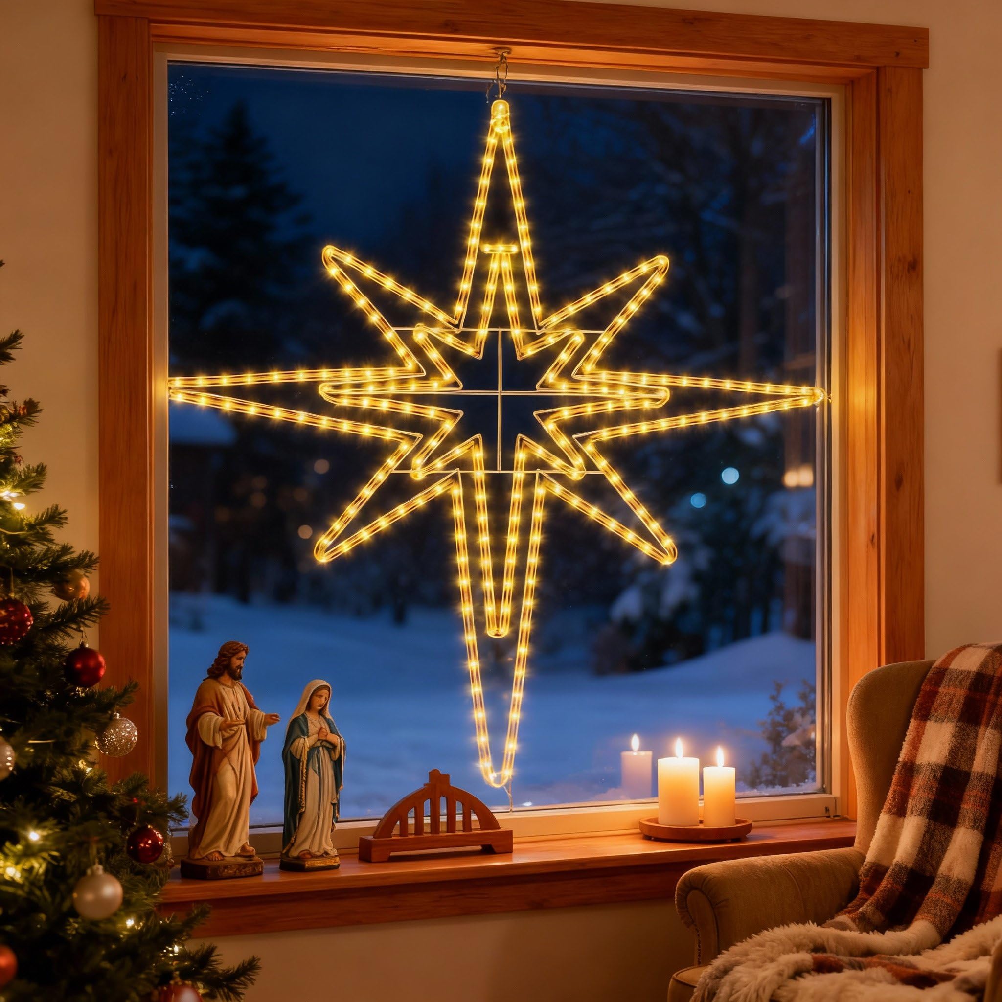 Rossesay Outdoor Christmas Star of Bethlehem Large LED Star Window Plug Operated Lighted for Xmas Wall Window Indoor Outside Hom