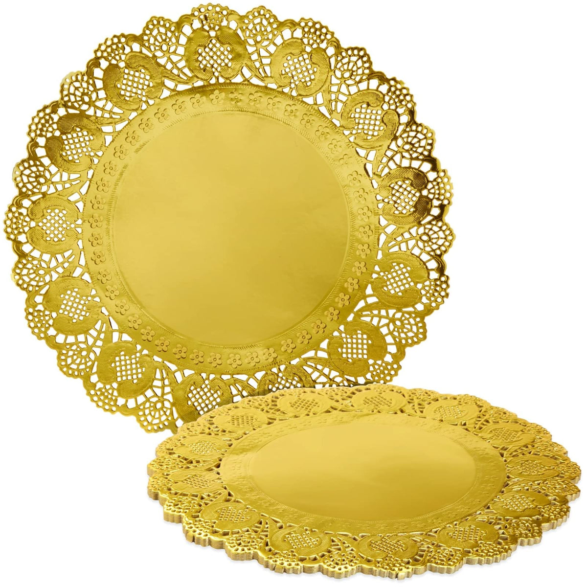 Juvale 60 Pack Round Paper Placemats For Dining Table, Formal Events, Decorative Gold Lace Paper Doilies, Bulk Disposable Charge