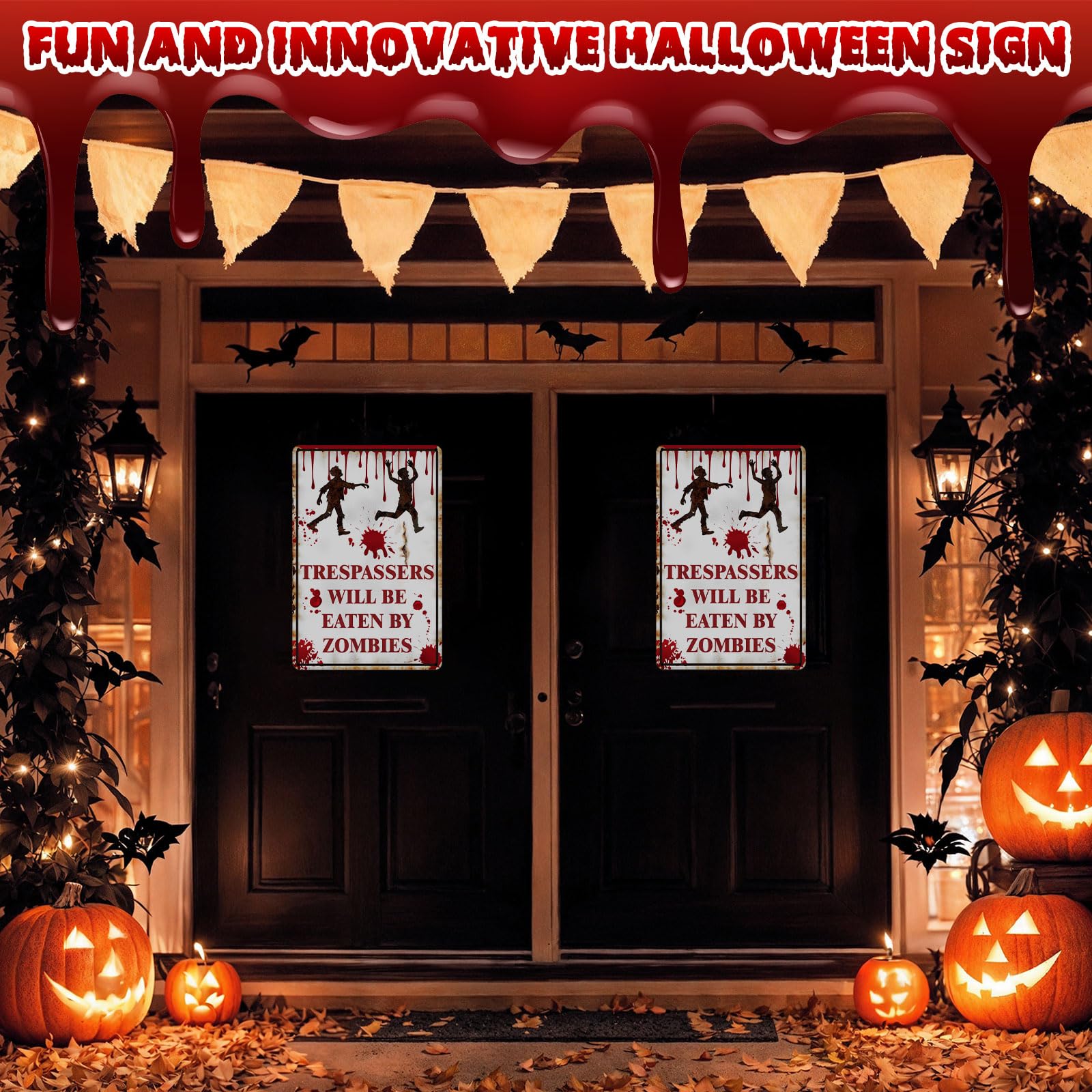 BrightRow 1 Pcs Halloween Decoration Halloween Sign Retro Chic Funny Metal No Trespassing Tin Signs for Indoor Outdoor Wall Gard