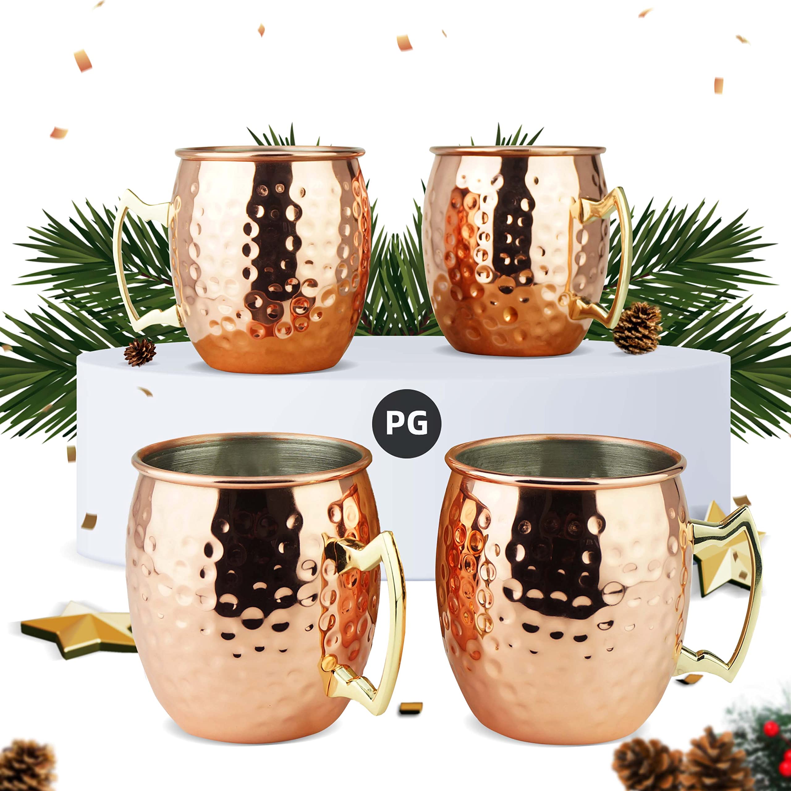 Pg Moscow Mule Mugs | Large Size 19 Ounces | Set Of 4 Hammered Cups | Stainless Steel Lining | Pure Copper Plating | Gold Brass