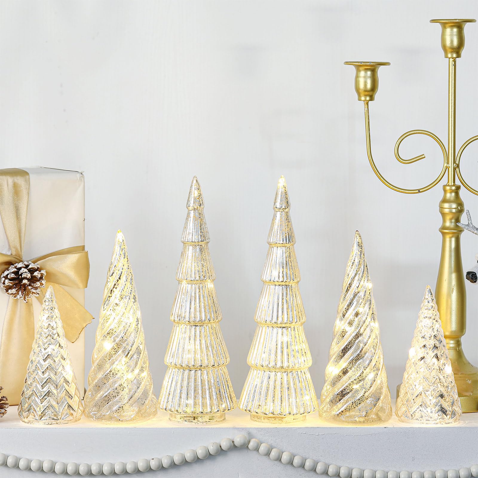 LOYIM 6 Pcs Mercury Glass Christmas Tree Silver Plate Glass Figurines with LED Fairy Lights 11 in Tall Silver Finish Light up Ch