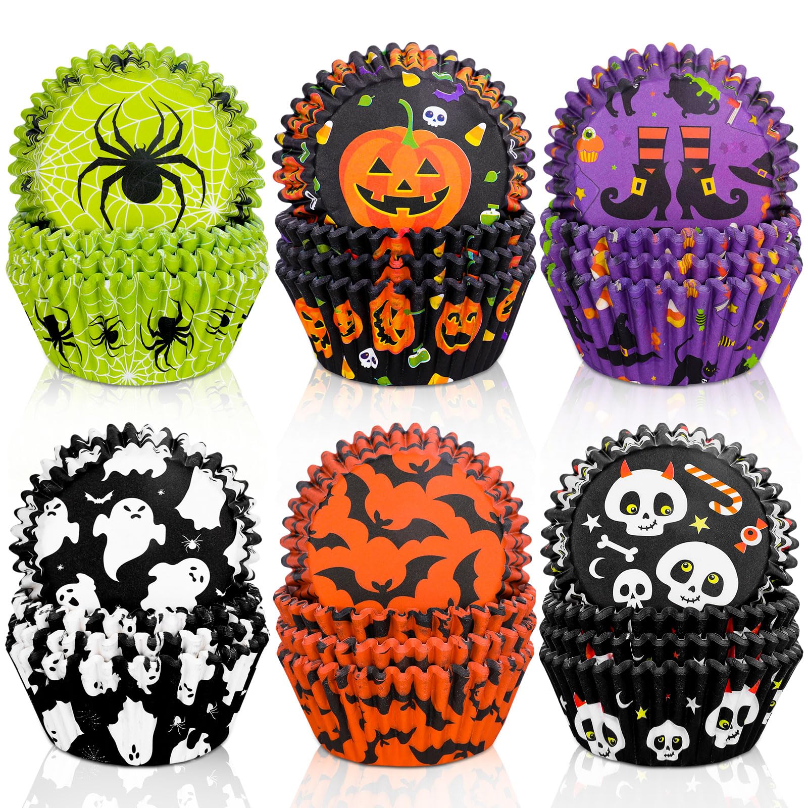 Whaline 600Pcs Halloween Cupcake Liners Pumpkin Witch Legs Bats Ghosts Spiders Skulls Cupcake Wrappers Baking Cups Holders Muffi