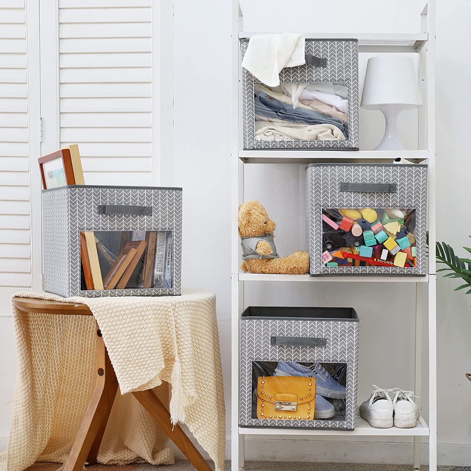 Domeraax Cube Storage Bin 4 Pack With Clear Window Large Boxes Basket With Handles Fabric Closet Organizer 13'' X 13'' X 13'' He