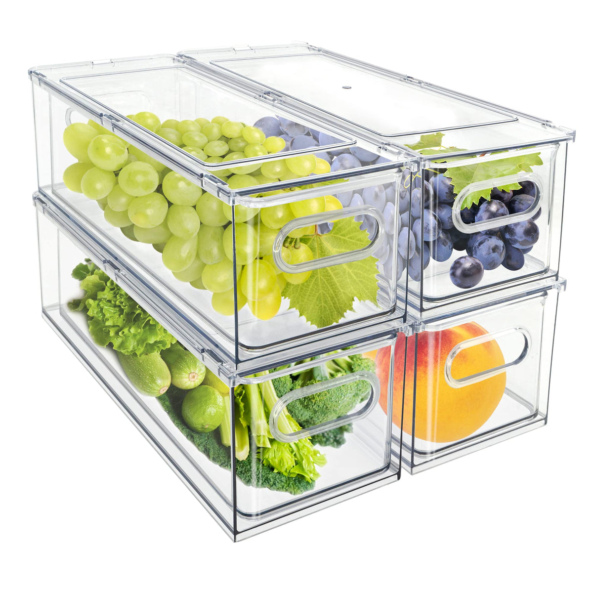 Minesign 4Pack Stackable Fridge Drawers Pull-Out Storage Bins With Handle Clear Food Container For Refrigerator Plastic Dresser