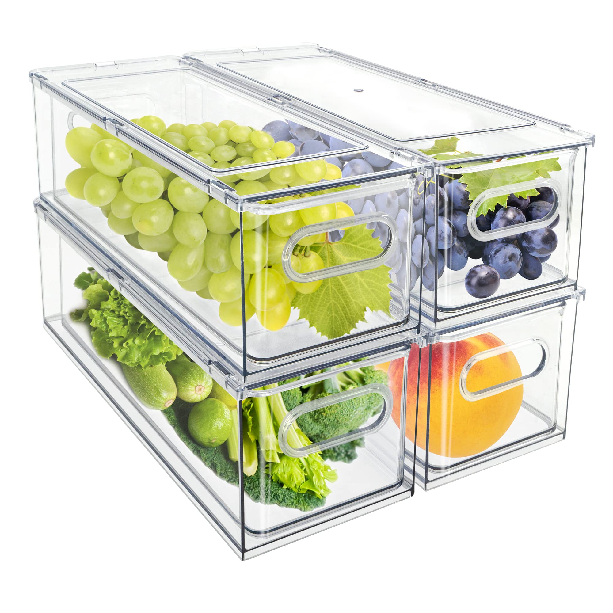 MANO Fridge Drawer Pull Out Stackable Bins with Handle Clear Refrigerator Drawers Organizer Food Storage Container Box Plastic P