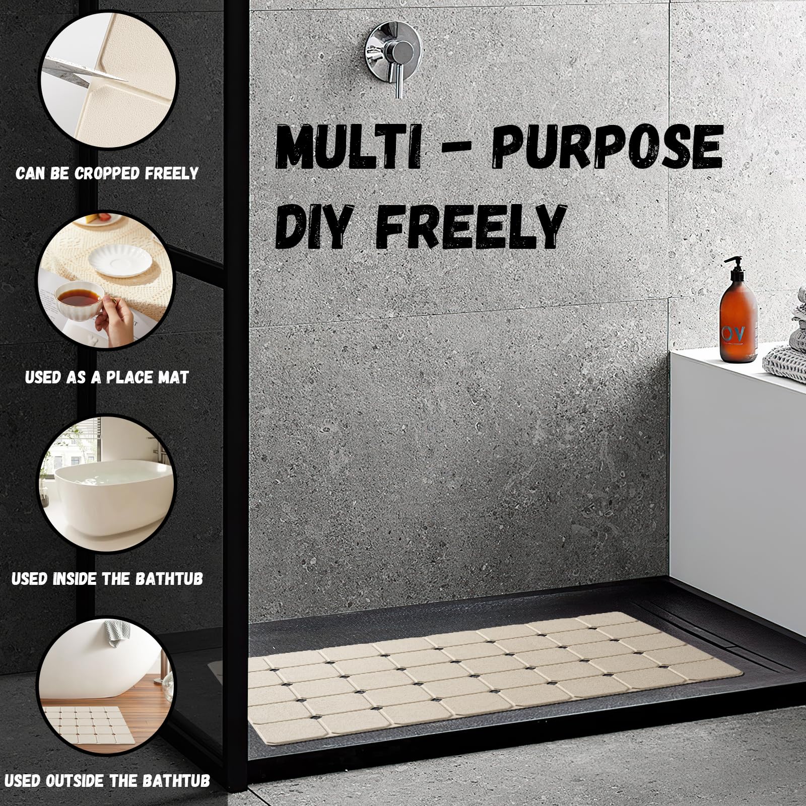 Kinbear Bath Mat For Textured Tub: Silicone Bathtub Mat Foldable Shower Mat Non Slip Tub Mat No Suction Cups 28 X 17.7Inch - Bei