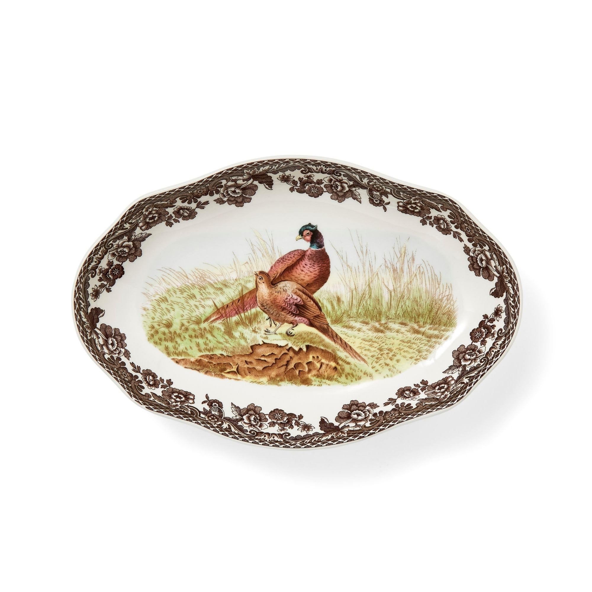 Spode Woodland Pheasant Pickle Dish - 8.5 Porcelain Tray with British Flowers Border & Scalloped Edge, Microwave, Dishwasher, Ov