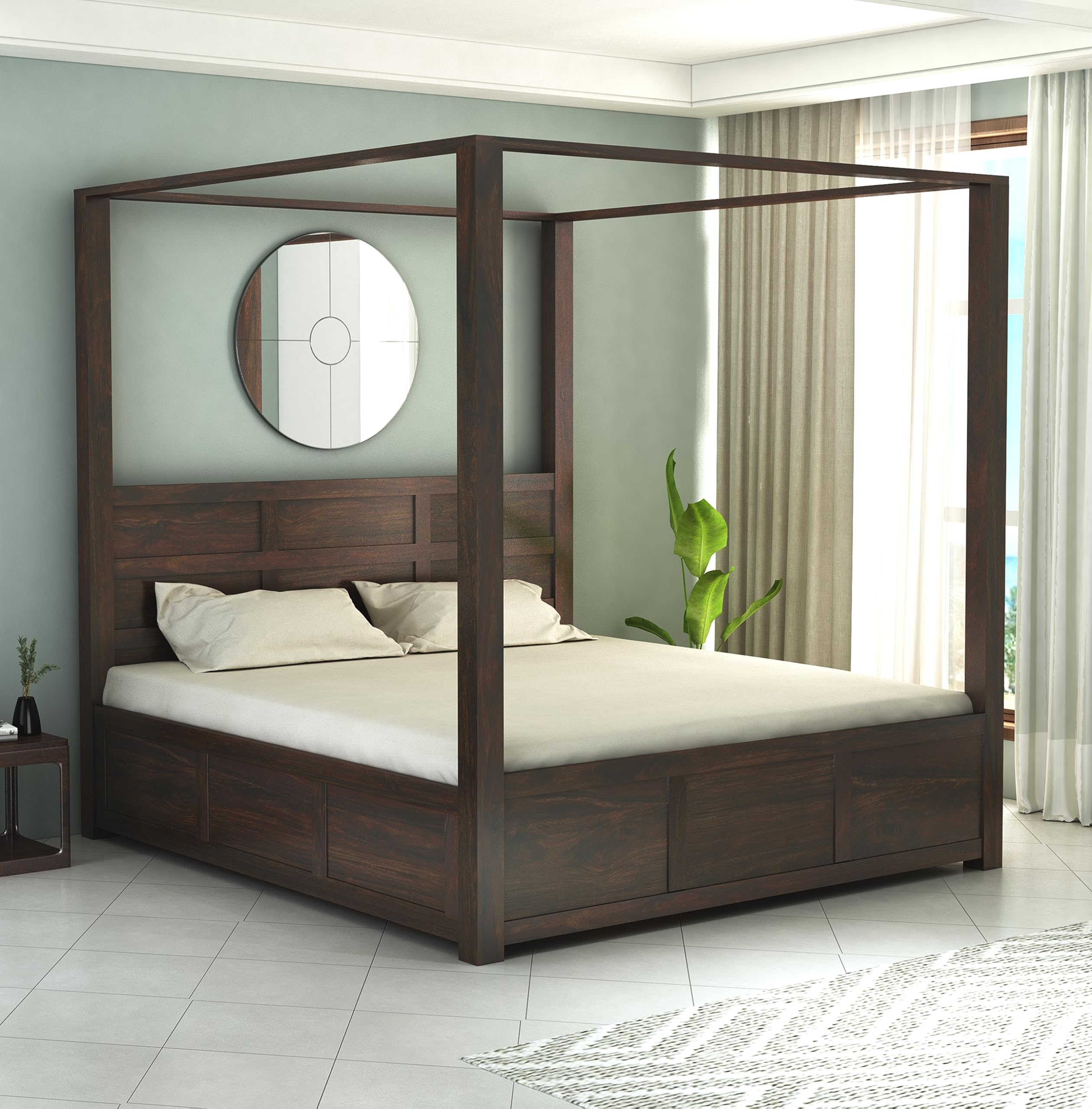 Strata Furniture Solid Sheesham Wood King Size Poster Bed With Storage Wooden Double Bed Furniture For Bedroom Living Room Home 