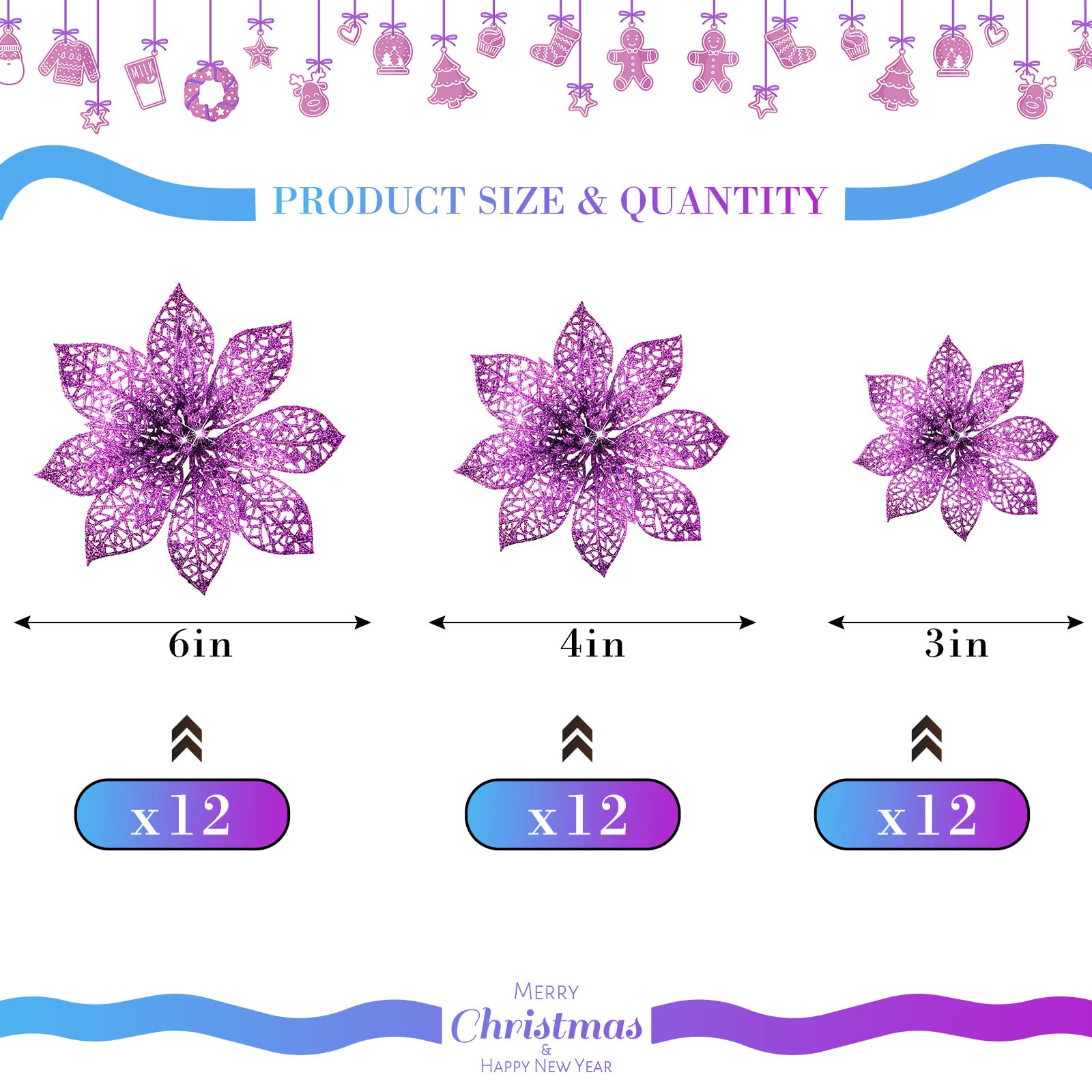 WILLBOND 36 Pieces Christmas Poinsettia Flowers Artificial Ornaments Glitter Christmas Decorations Tree Wedding New Year(Purple)