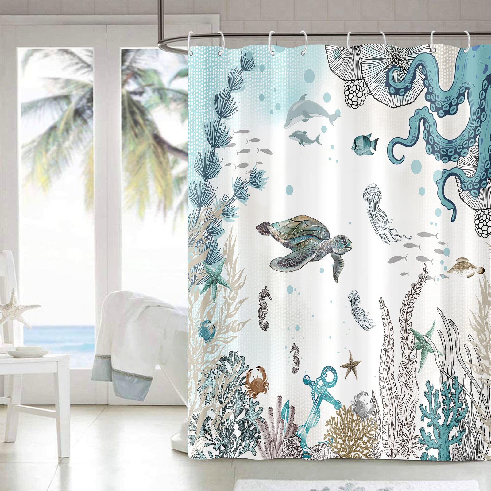 Zussun Long Sea Turtle Octopus Shower Curtain Blue Teal Waterproof Fabric Bathroom Shower Curtains Fish Ocean Animal Seashell Je