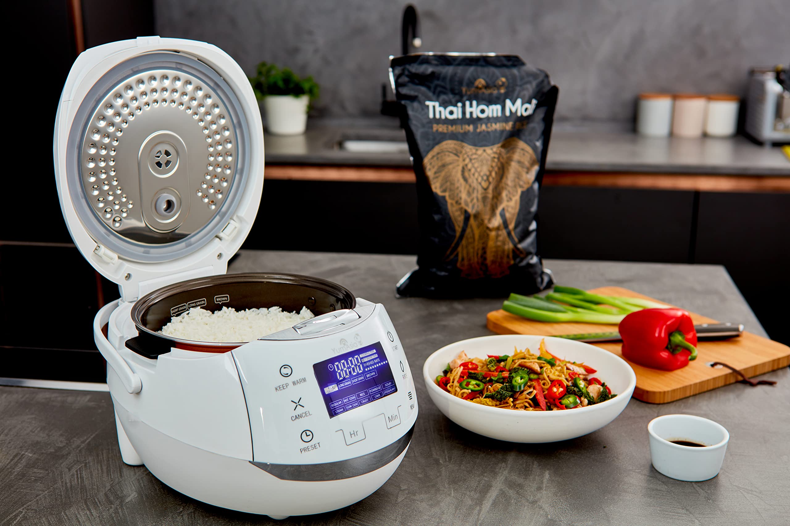 Yum Asia Sakura Rice Cooker, 8 Cup, Fuzzy Logic, 120V, White and Silver, Model YUM-EN15WUS, 6 Rice & Multicook Functions