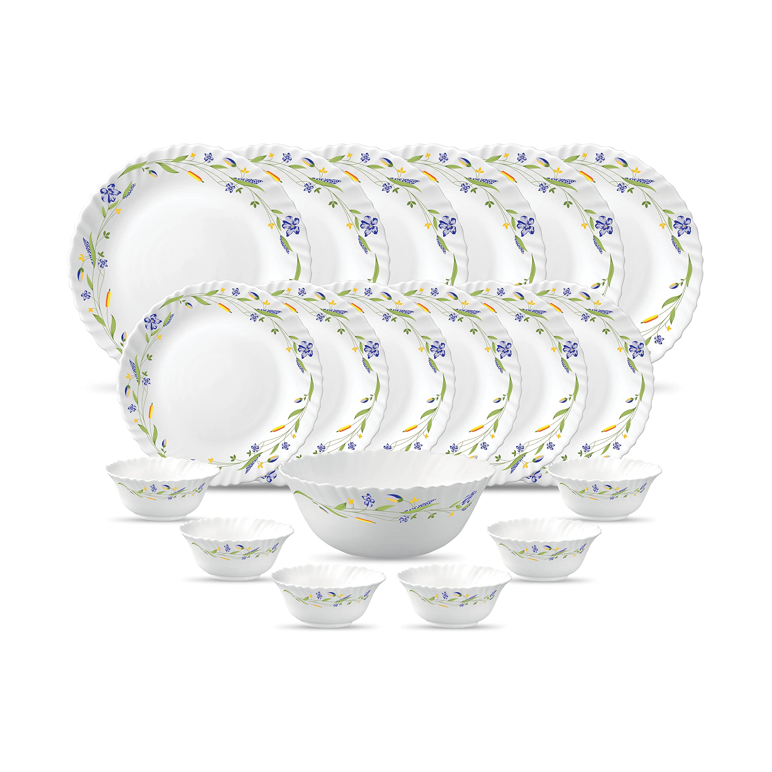 La Opala Diva Classique Collection Opal Glass Crockery | For Family Of 6 | Dinner Set 19 Pcs Morning Glory | Plates & Bowls For 