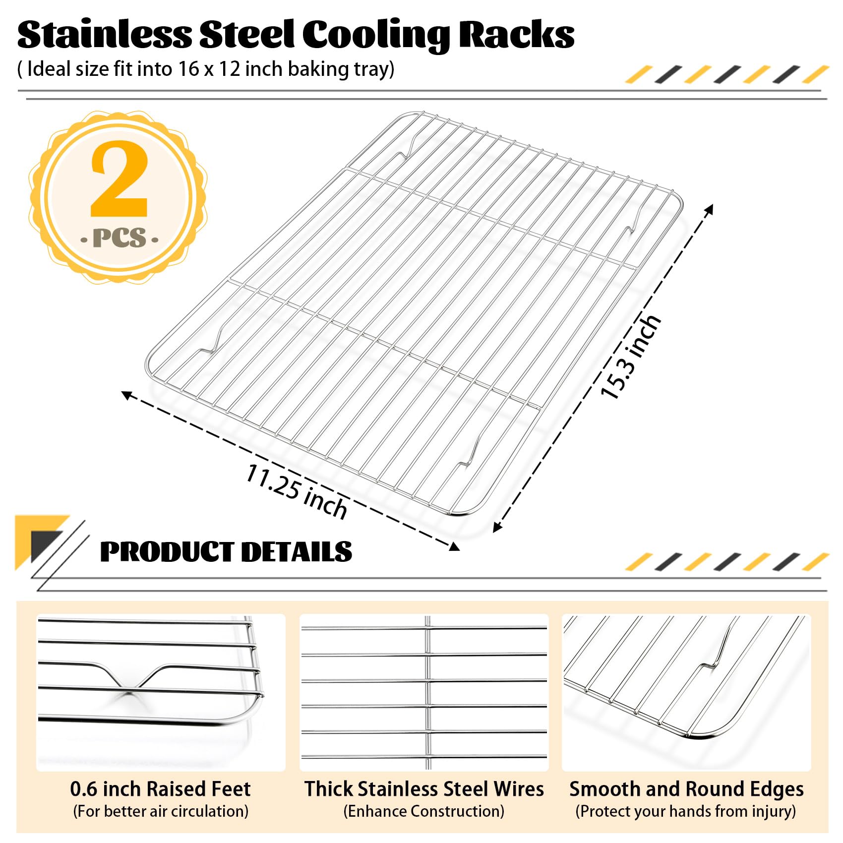 P&P Chef Cooling Rack Pack Of 2, Stainless Steel Baking Racks For Baking Roasting Grilling Drying, Rectangle 15.3''X11.25''X0.6'
