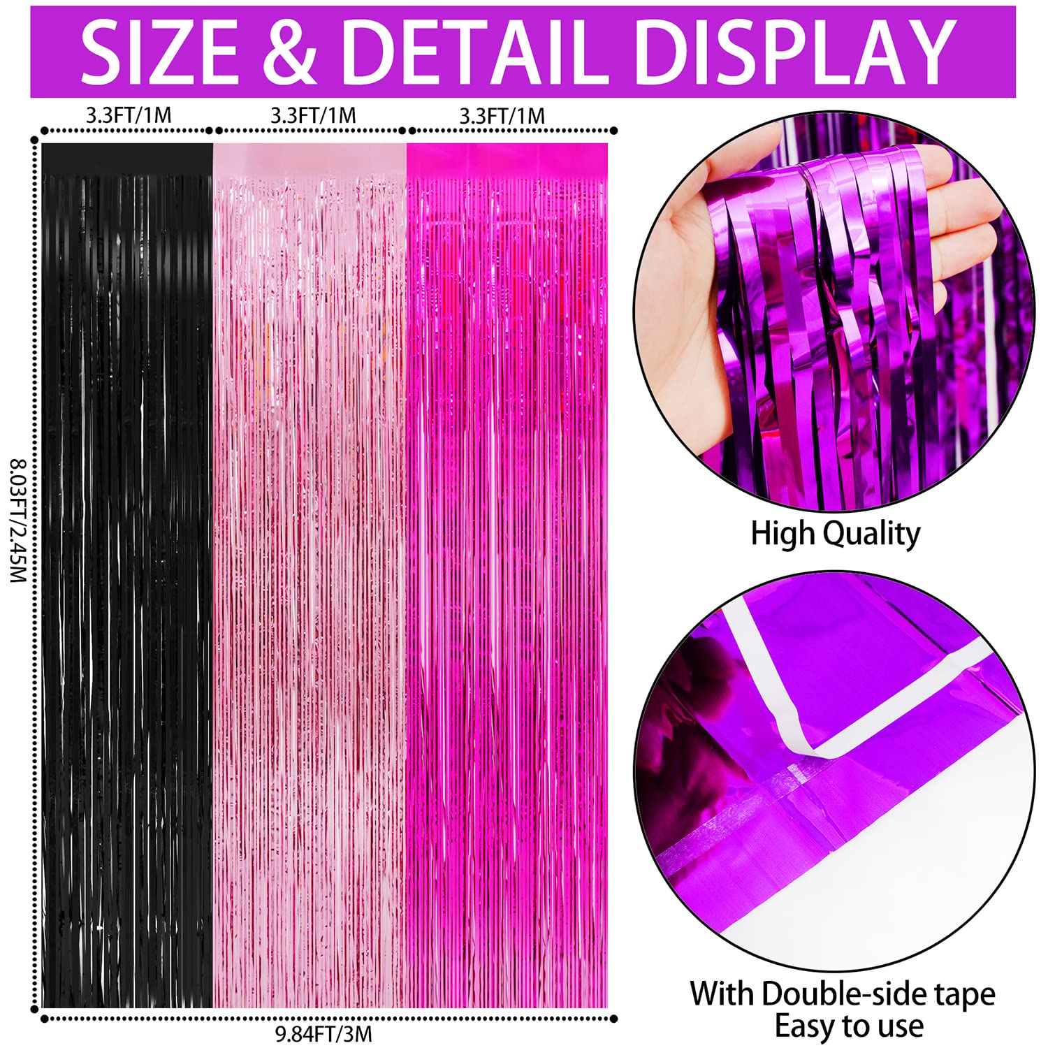 Wiqedoha 3 Pack Foil Curtains-8X9.84 Ft Rose Red Pink And Black Fringe Metallic Backdrop Curtain For Mouse Themed Baby Shower Bi