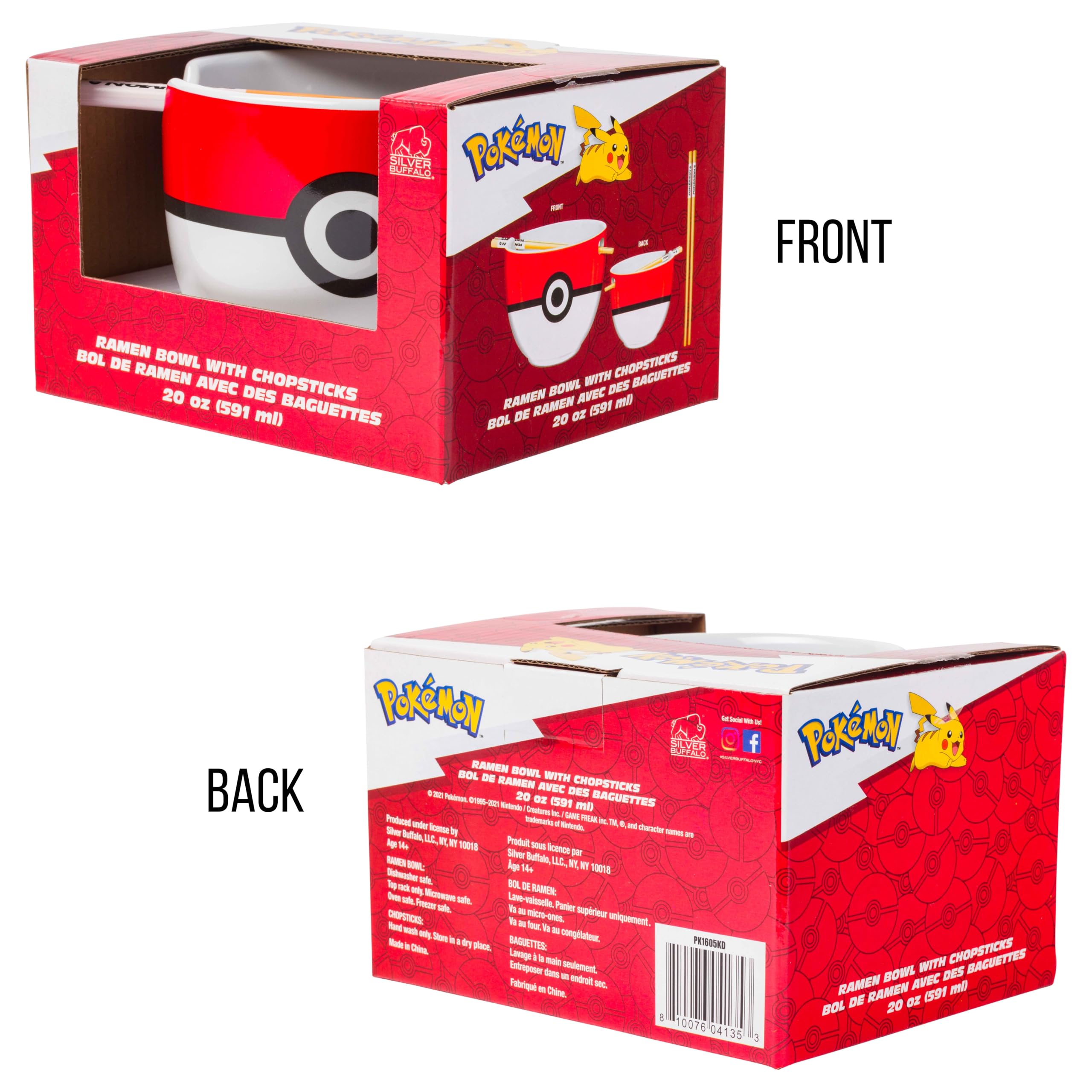Silver Buffalo Ceramic Ramen Noodle Bowl with Chopsticks, 20oz, Pokemon Pokeball, Microwave Safe, Model LI1696KD
