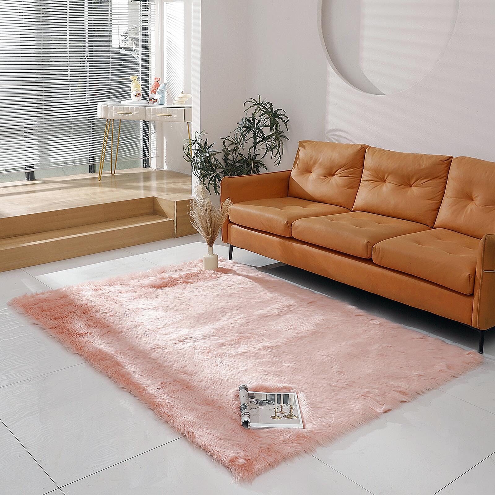 linmopm Faux Fur Rug Sheepskin Shag Fluffy Fuzzy 5x7 ft Pink Rugs for Bedroom Bedside Bed Floor Living Room Plush Rectangle High