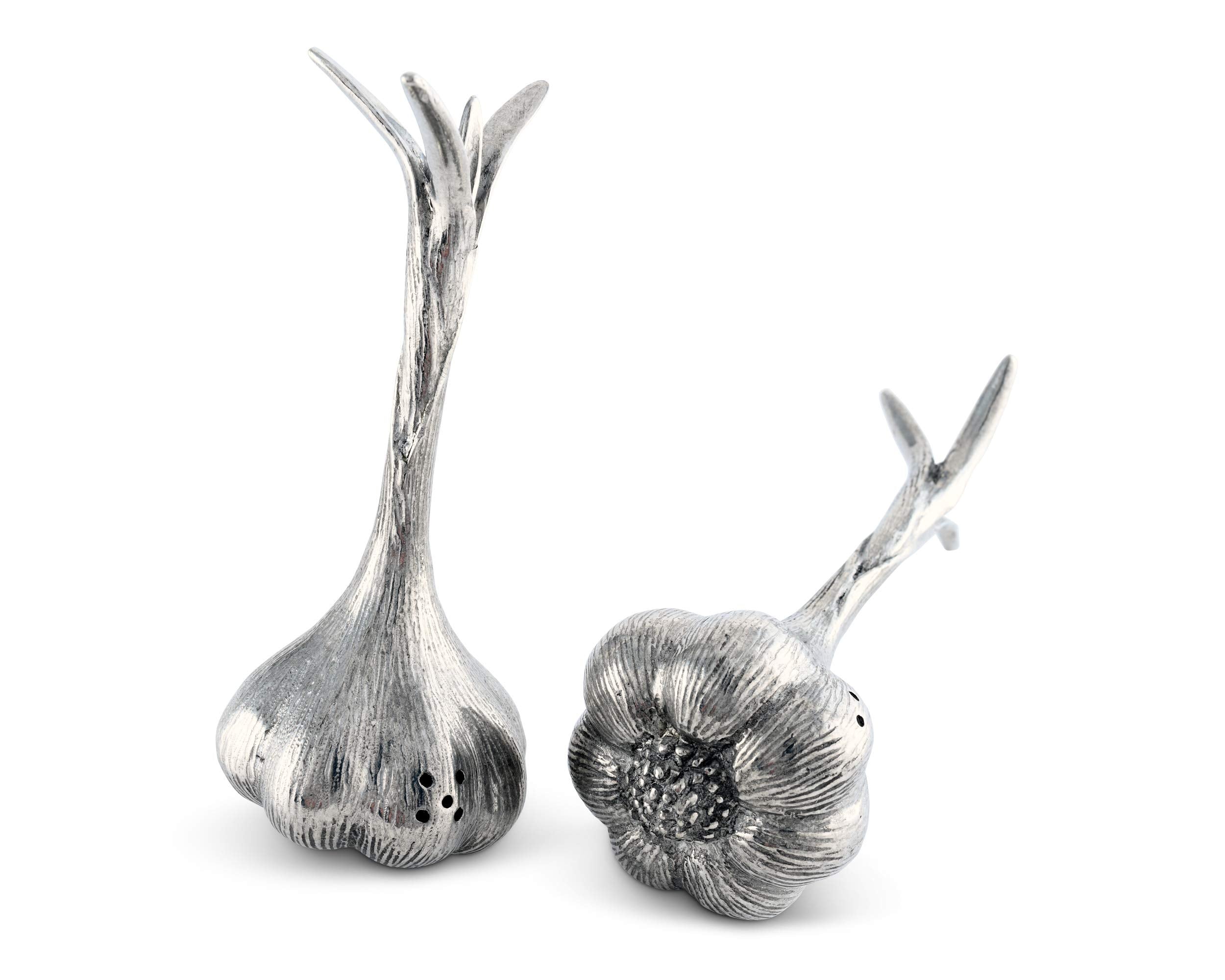 Vagabond House Pewter Garlic Salt And Pepper Metal S/P Shaker Set 5 Inch Long