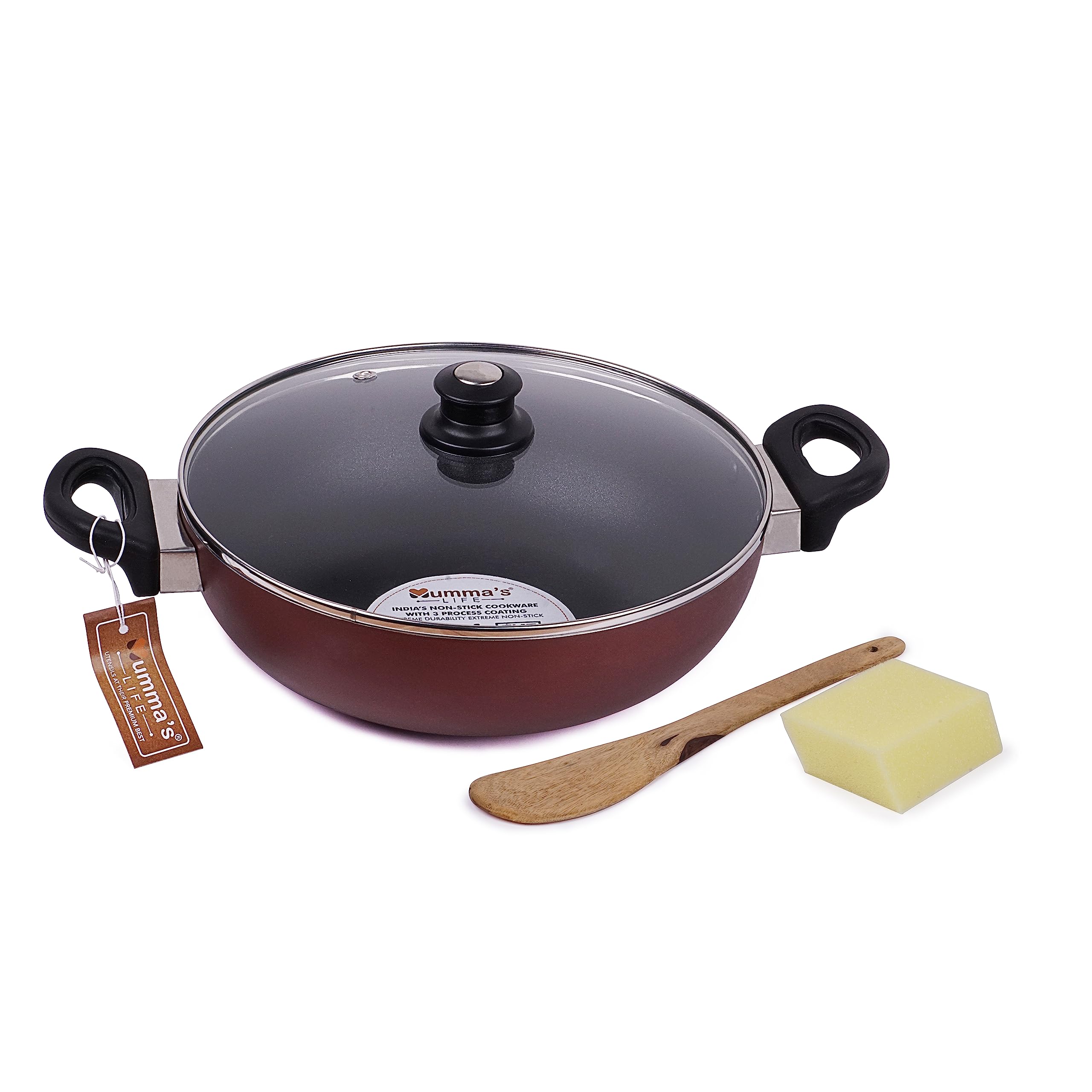 MummaS Life NonStick Deep Kadai With Glass Lid With Riveted And Virgin Bakelite Handle Pfoa/Heavy Metal Free (Induction And G