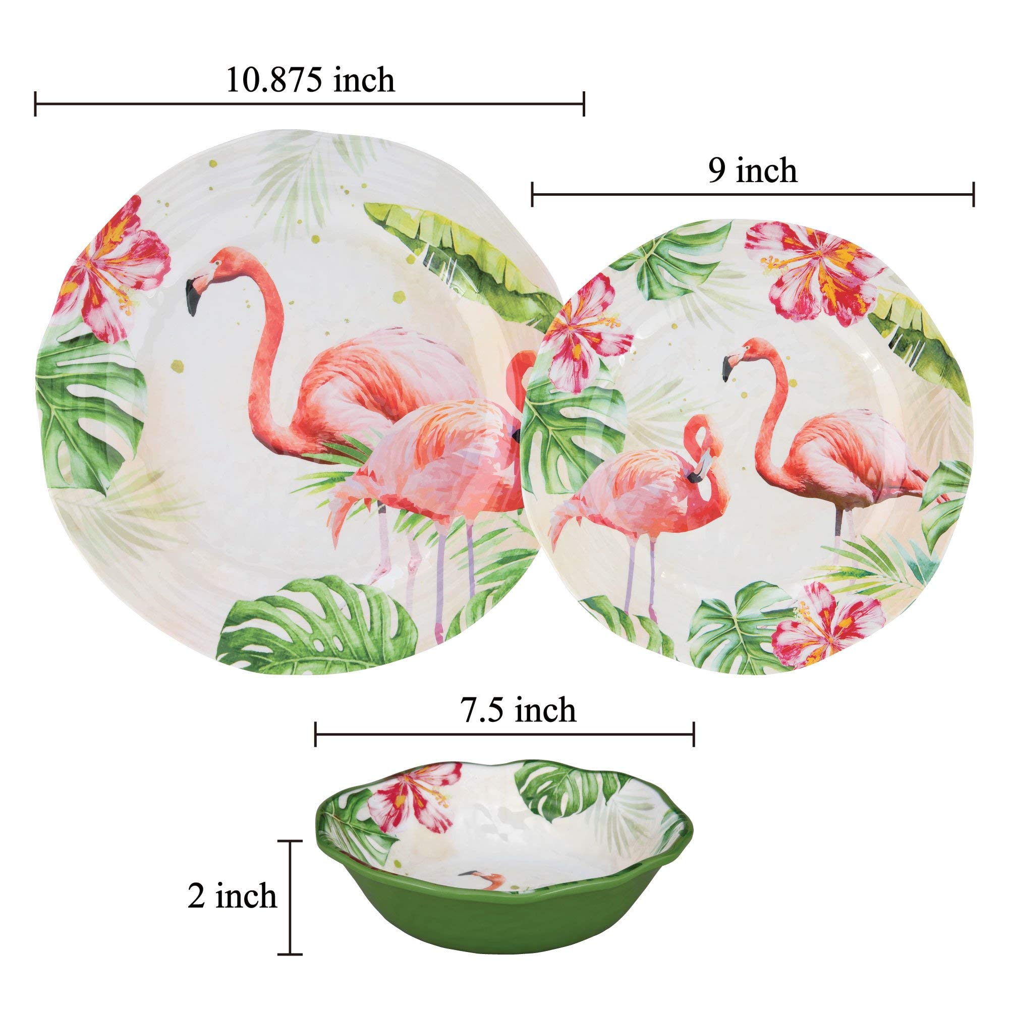 UPware 12-Piece Melamine Dinnerware Set, Includes Dinner Plates, Salad Plates, Bowls, Service for 4 (Flamingo)