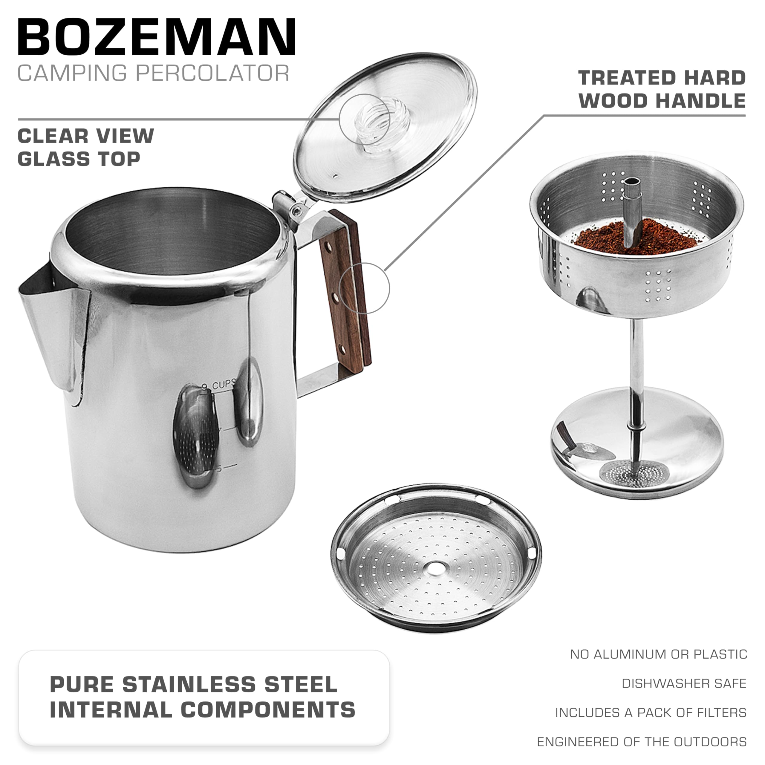 COLETTI Bozeman Camping Coffee Pot - Coffee Percolator - Percolator Coffee Pot for Campfire or Stove Top Coffee Making - 9 CUP