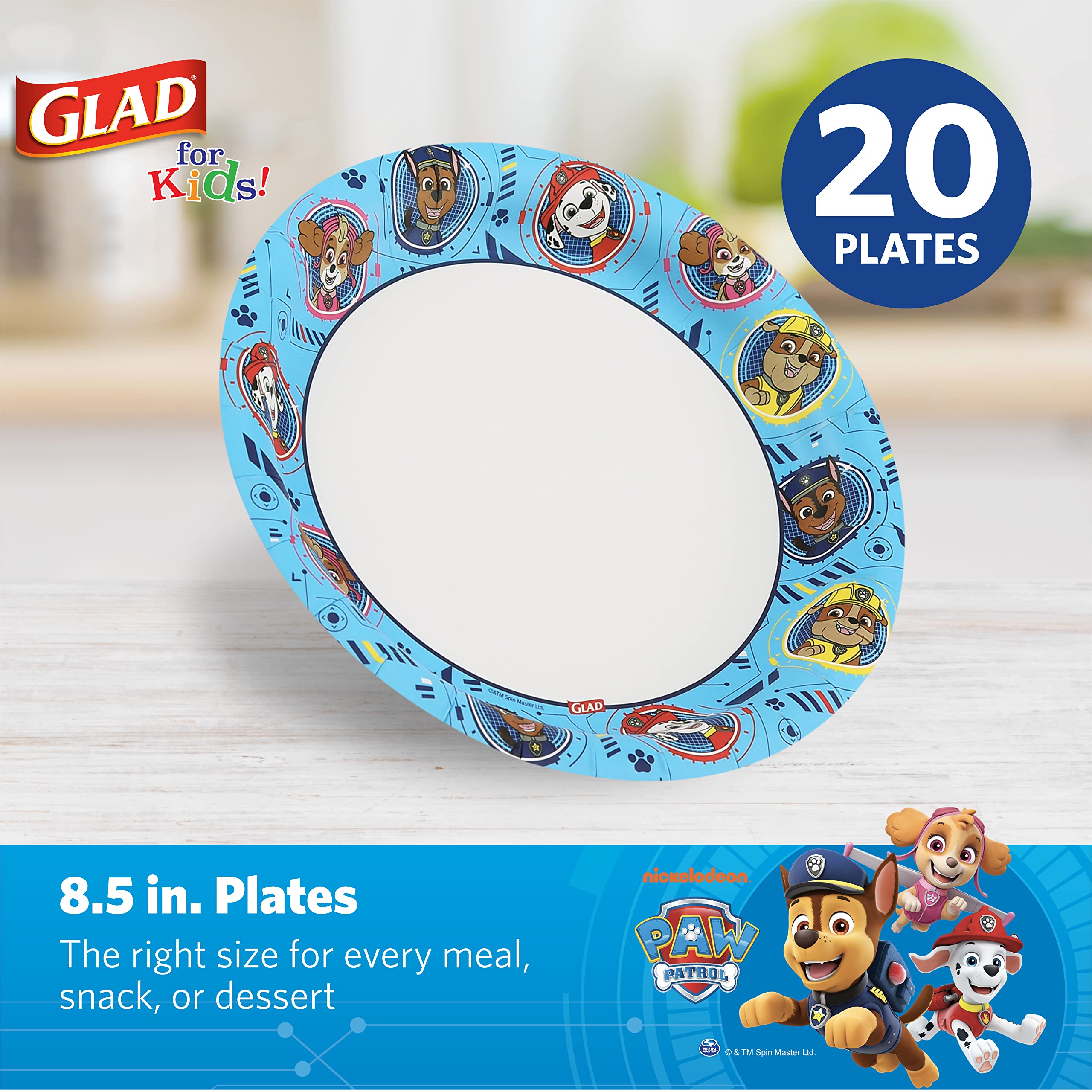 Glad For Kids Paw Patrol Paper Plates, 20 Count, 8.5 Inches | Disposable Paw Patrol Plates For Kids | Heavy Duty Disposable Soak