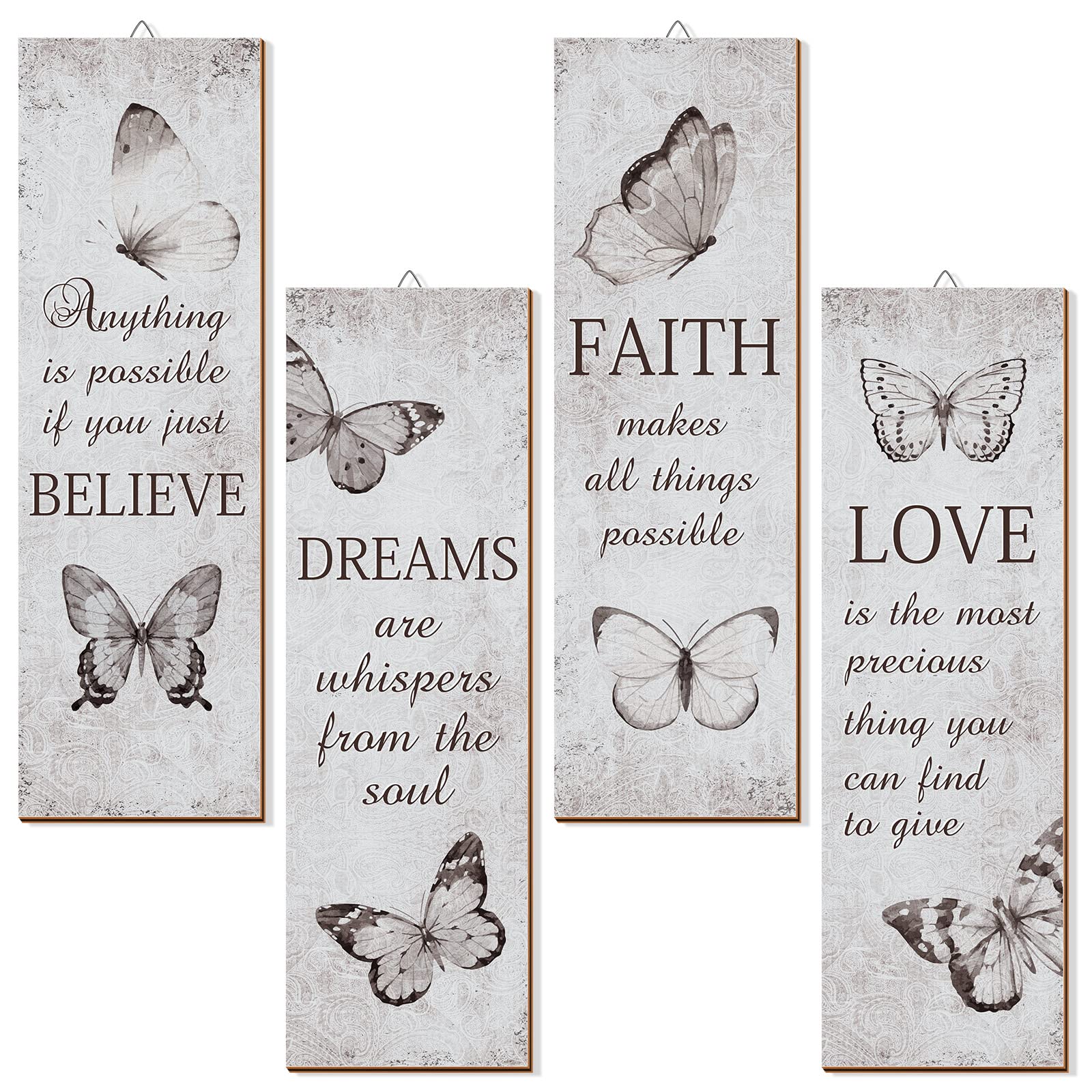 Qunclay 4 Pcs Butterfly Wall Decor Wooden Inspirational Wall Art Love Faith Believe Dream Rustic Encouragement Wall Decor for Ho
