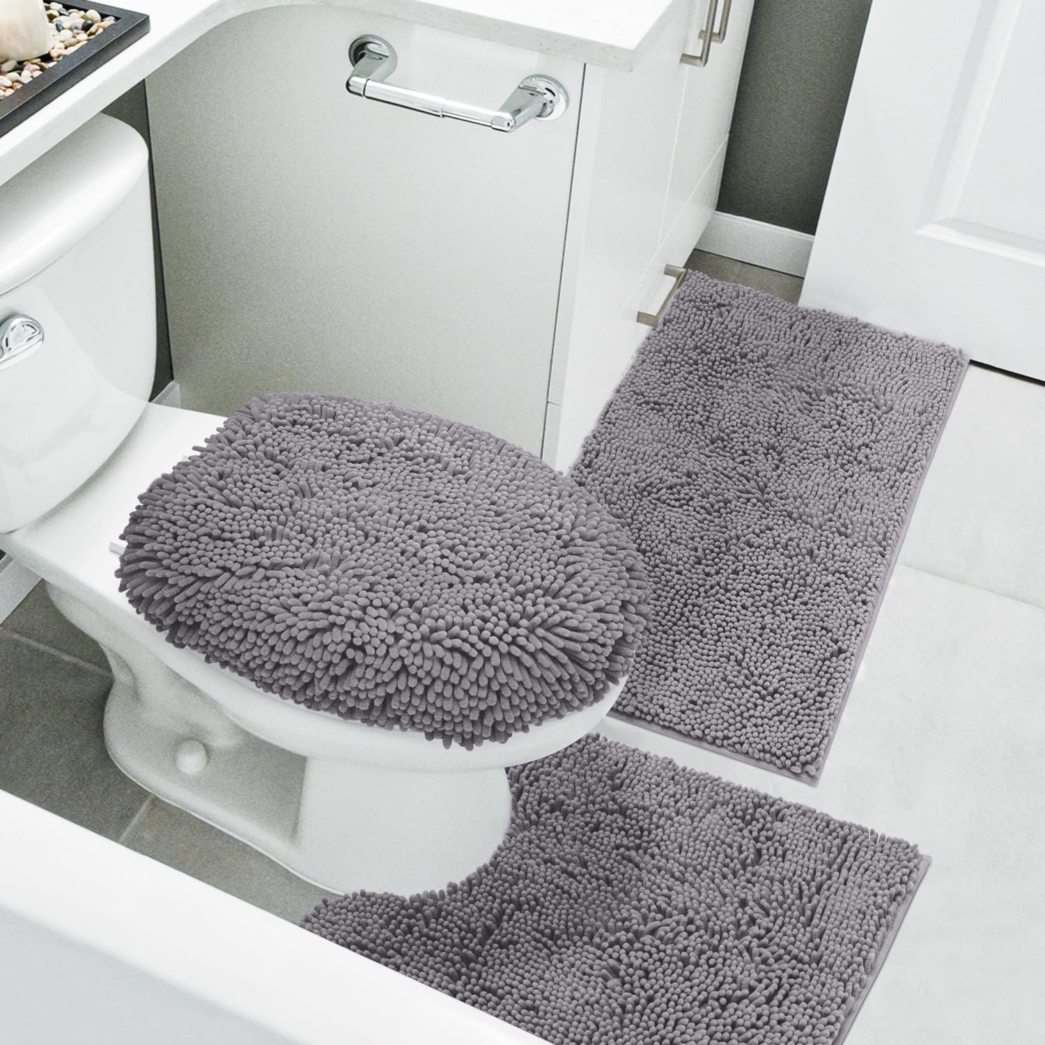Homeideas Grey Bathroom Rugs Sets 3 Piece, Chenille Bath Rugs Soft Absorbent Non Slip Washable Bath Mats With Toilet Lid Cover,