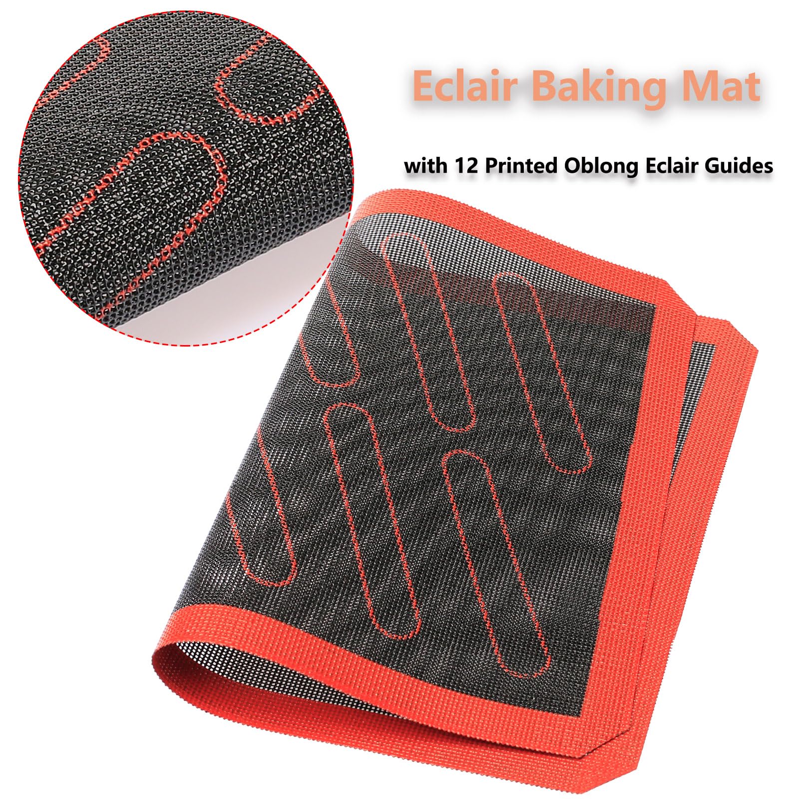 Perforated Silicone Baking Mats, 2 Pcs Eclair Silicone Mat For Half Sheet With 12 Printed Oblong Eclair Guides, Non-Stick Reusab