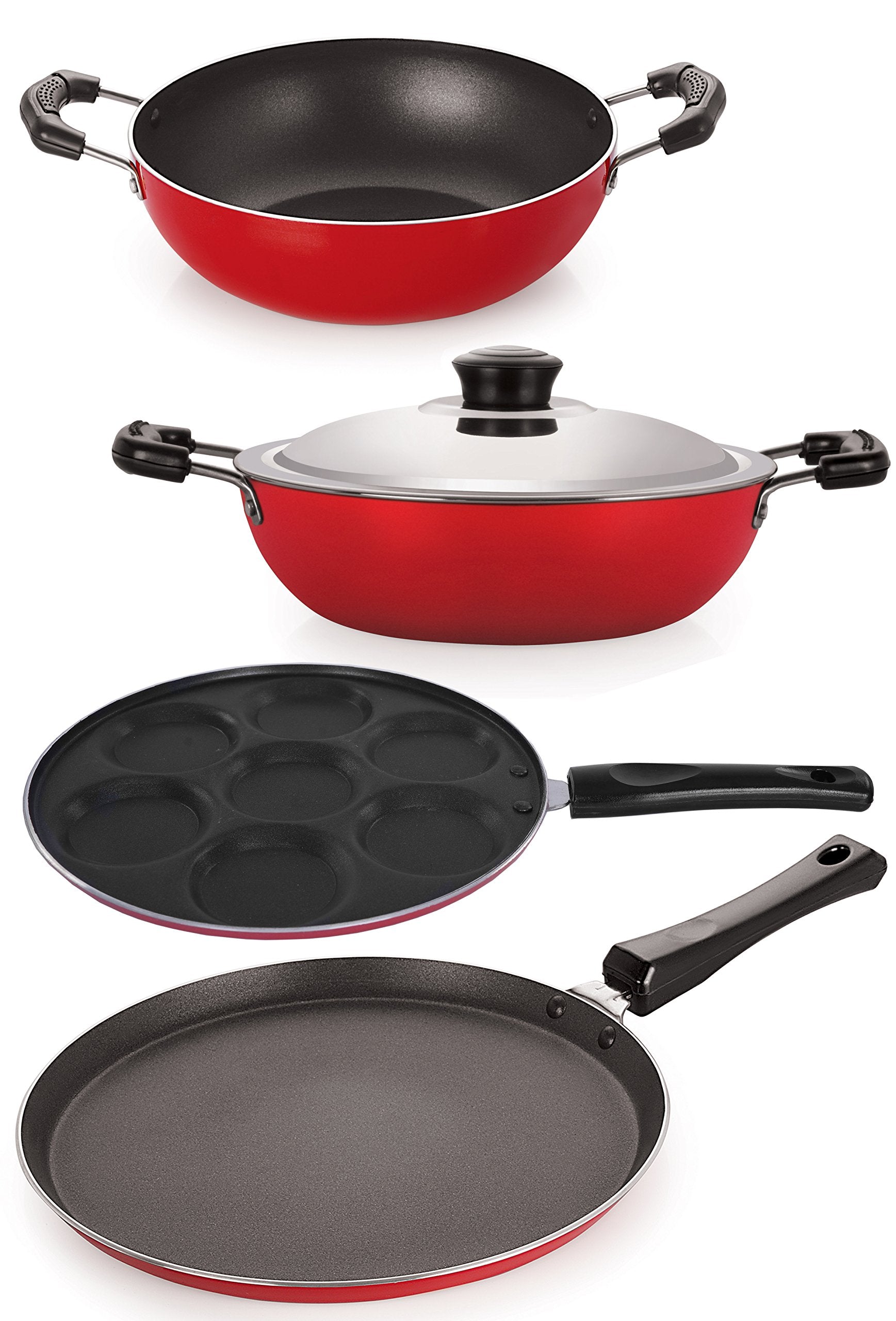 Nirlon NonStick Aluminium Cookware Set, 4Pieces, Red (26_Ft12_Kd12_Dkdb_Up)