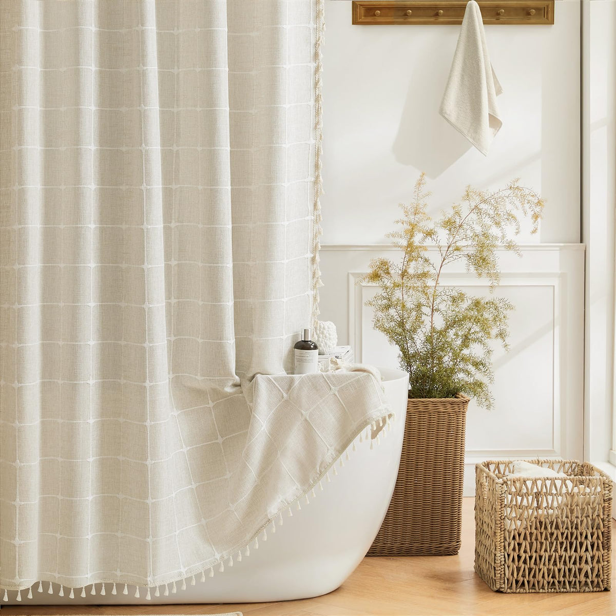 Natural Linen Shower Curtain, Boho Farmhouse Heavy Duty Textured Fabric Shower Curtain Set With Tassels, Neutral Bohemian Chic V