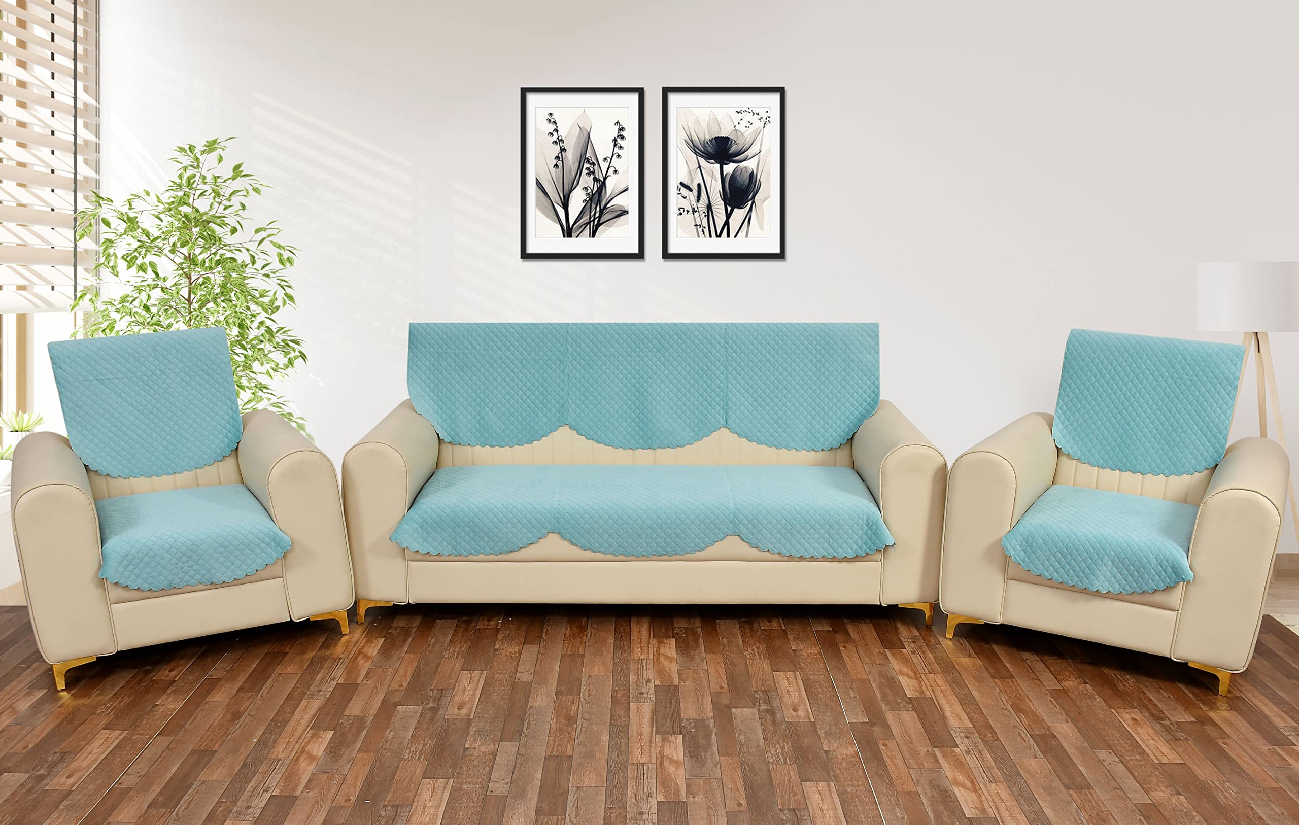 Yellow Weaves 5 Seater Self Design Quilted Sofa Cover And Chair Cover, Seat & Back Cover, Color - Sky Blue, Velvet