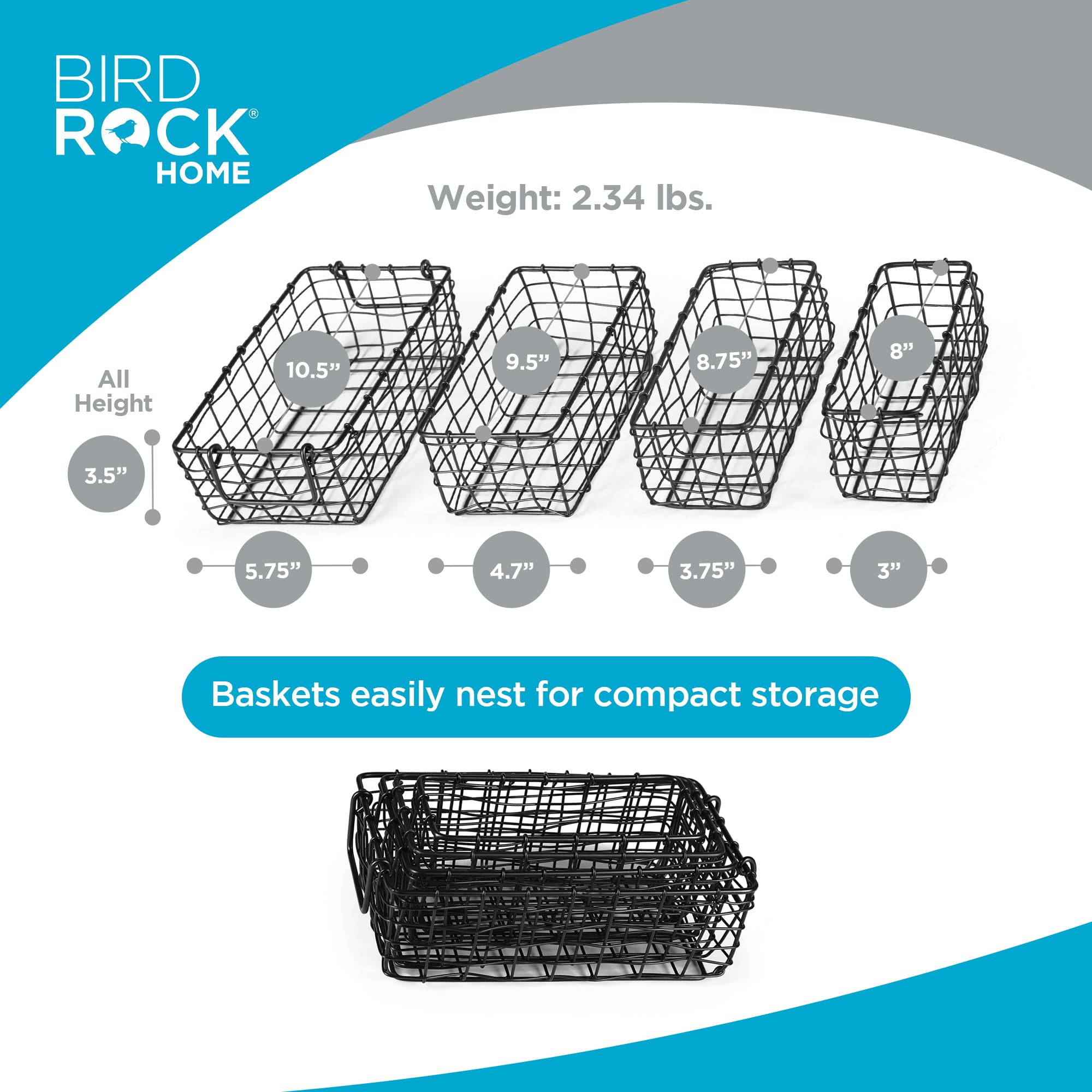 Birdrock Home Wire Storage Basket Set - Iron Baskets For Organizing, Kitchen Pantry Shelves, Rectangle Bins For Bathroom, Closet