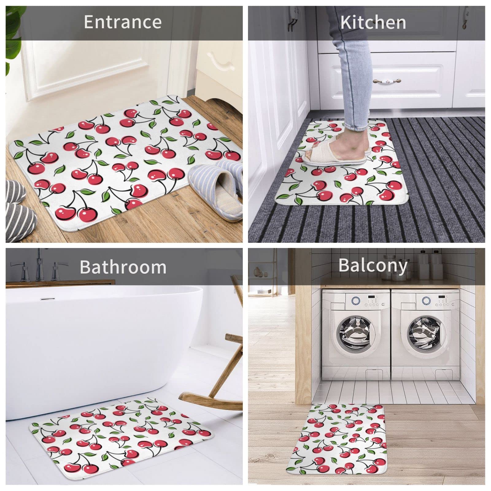 Cherry Bath Mats For Bathroom, Soft Absorbent Bath Rug Non-Slip Floor Rug Carpets For Kitchen Bathroom Laundry Bedroom Living Ro