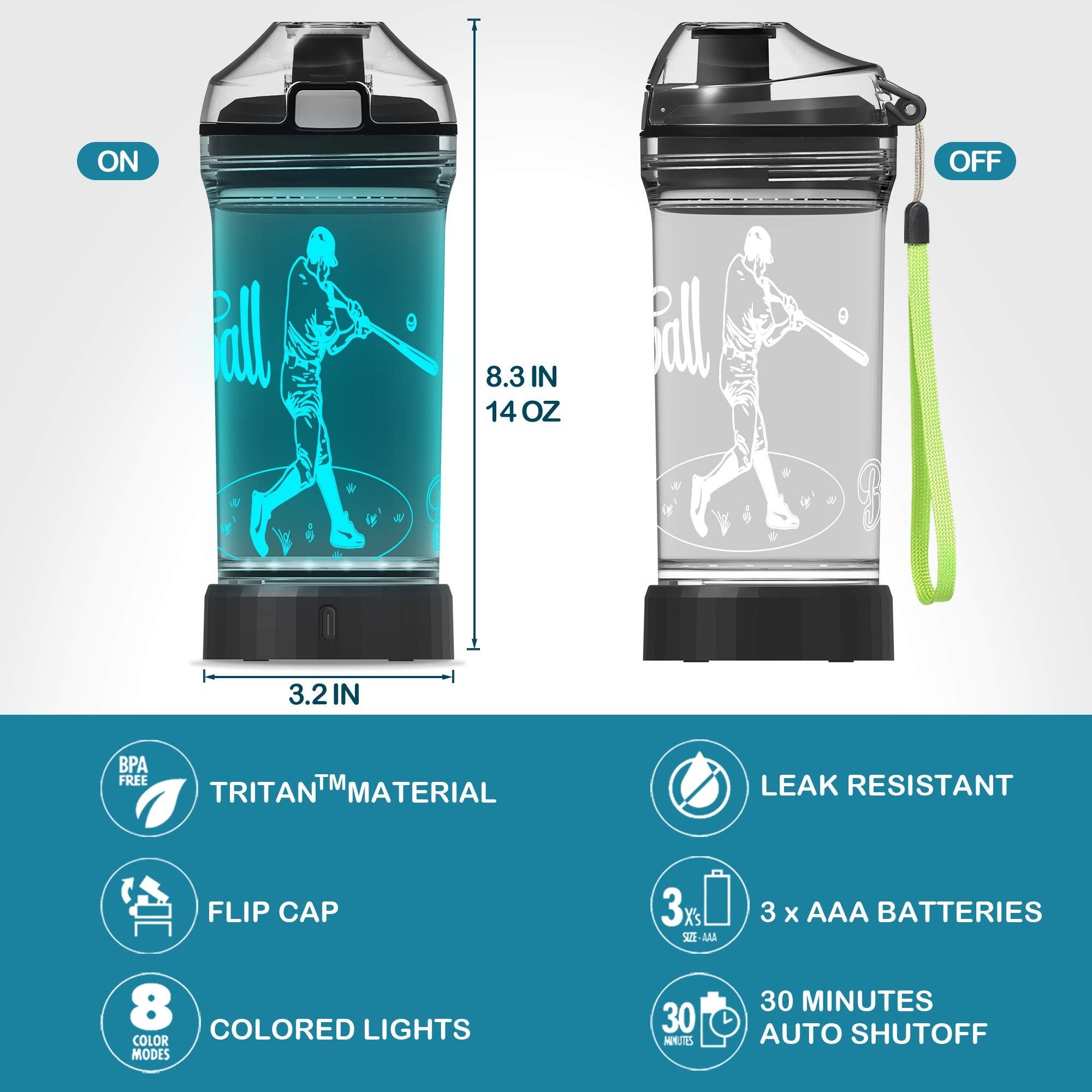Yuandian Baseball Gifts, Light Up Kids Water Bottle With 3D Baseball Design- 14 Oz Tritan Bpa Free Eco-Friendly - Cool Sports Cu