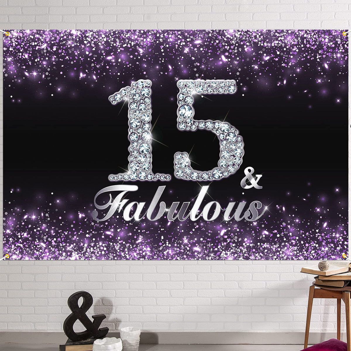 Hamigar 6X4Ft Happy 15Th Birthday Banner Backdrop - 15 & Fabulous Birthday Decorations Party Supplies For Girls - Purple
