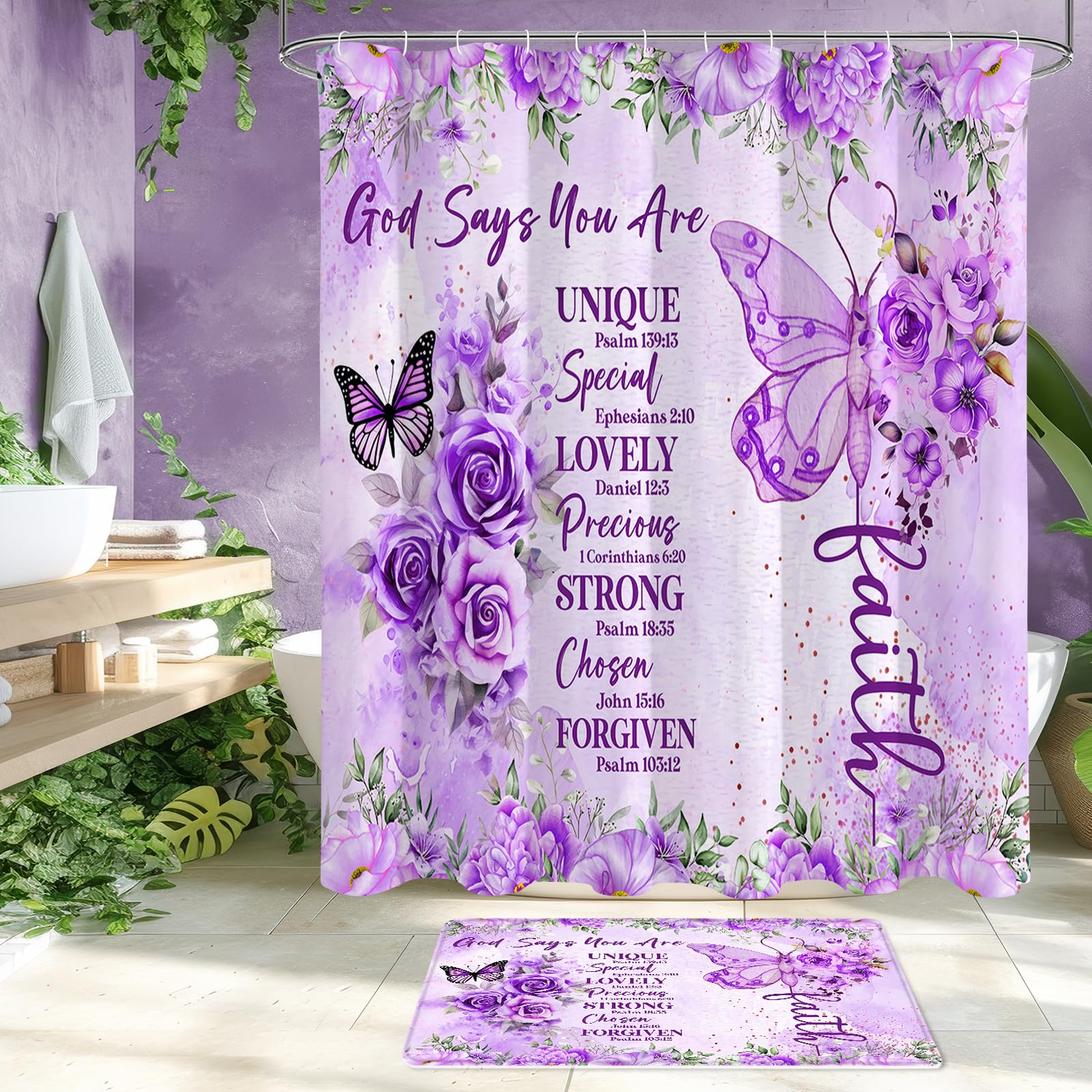 Litabel 4 Pcs Purple Butterfly Inspirational Quotes Shower Curtain Set With Rugs And Toilet Lid Cover, Colorful Boho Waterproof