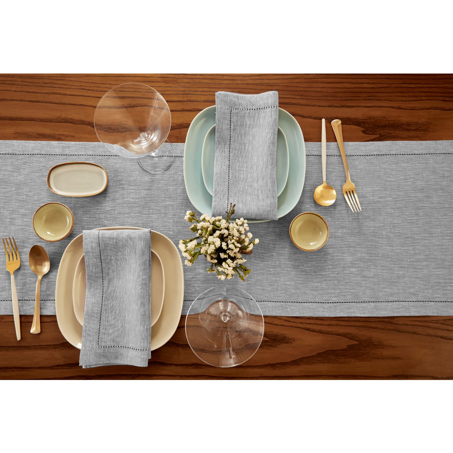 Solino Home Linen Table Runner 108 Inches Long - Oyster Grey, 100% Pure Linen Hemstitch Dining Table Runner 14 X 108 Inch Ideal