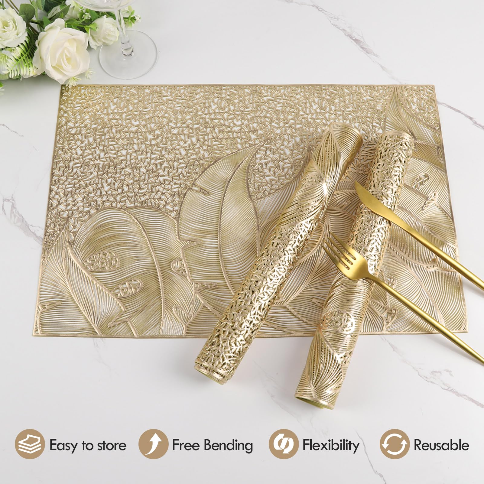 Crisjanggo Gold Placemats Set Of 6, Wipable Rectangular Table Place Mats Bulk Pressed Vinyl Placemats For Party Dining Wedding C