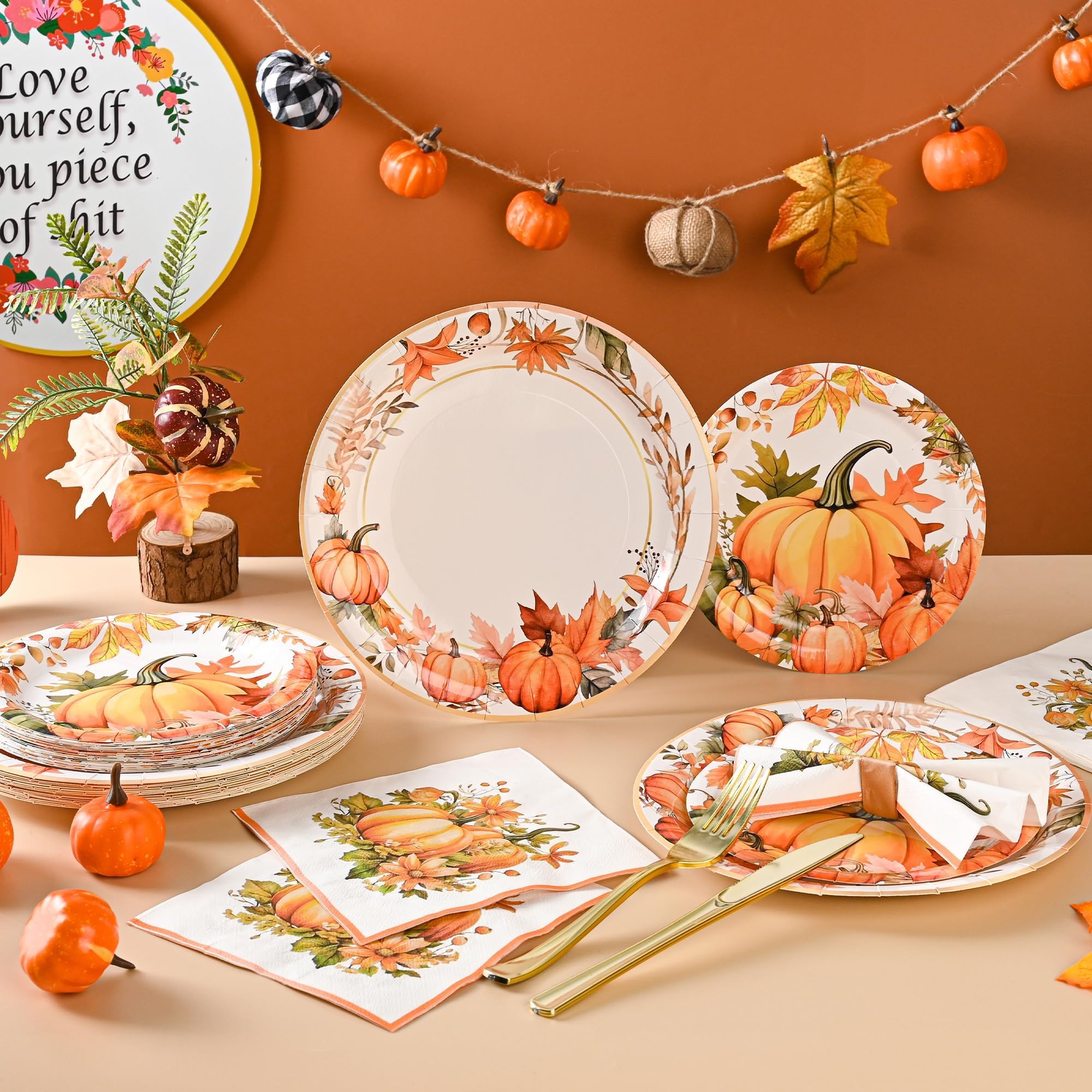150Pcs Thanksgiving Fall Pumpkin Paper Plates and Napkins Fall Party Supplies Watercolor Pumpkin Maple Disposable Plates Autumn