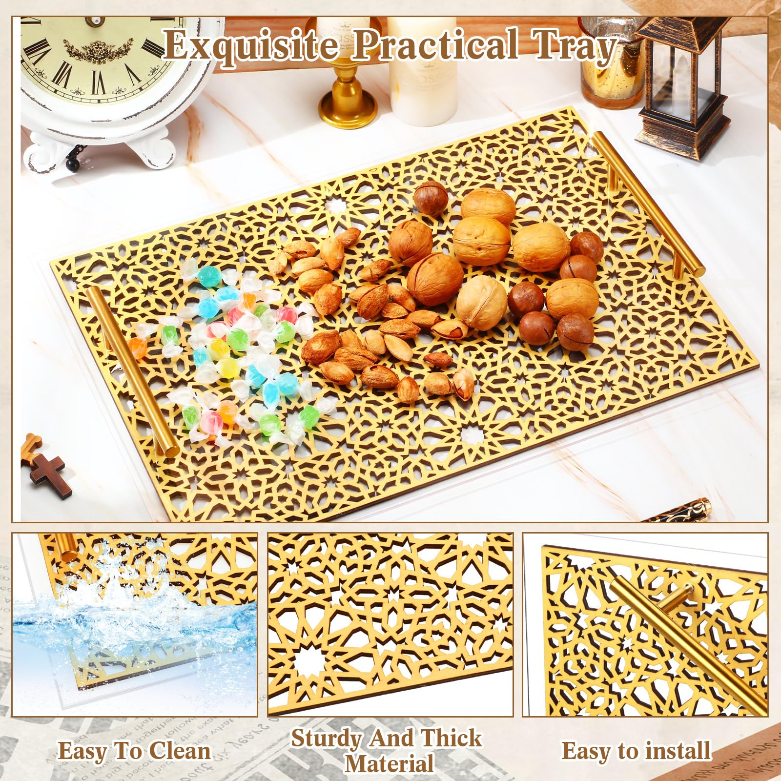 Silifine Ramadan Serving Trays, 17'' X 12'' Decorative Gold Serving Trays With Handles, Home Rectangle Food Serving Trays For Co