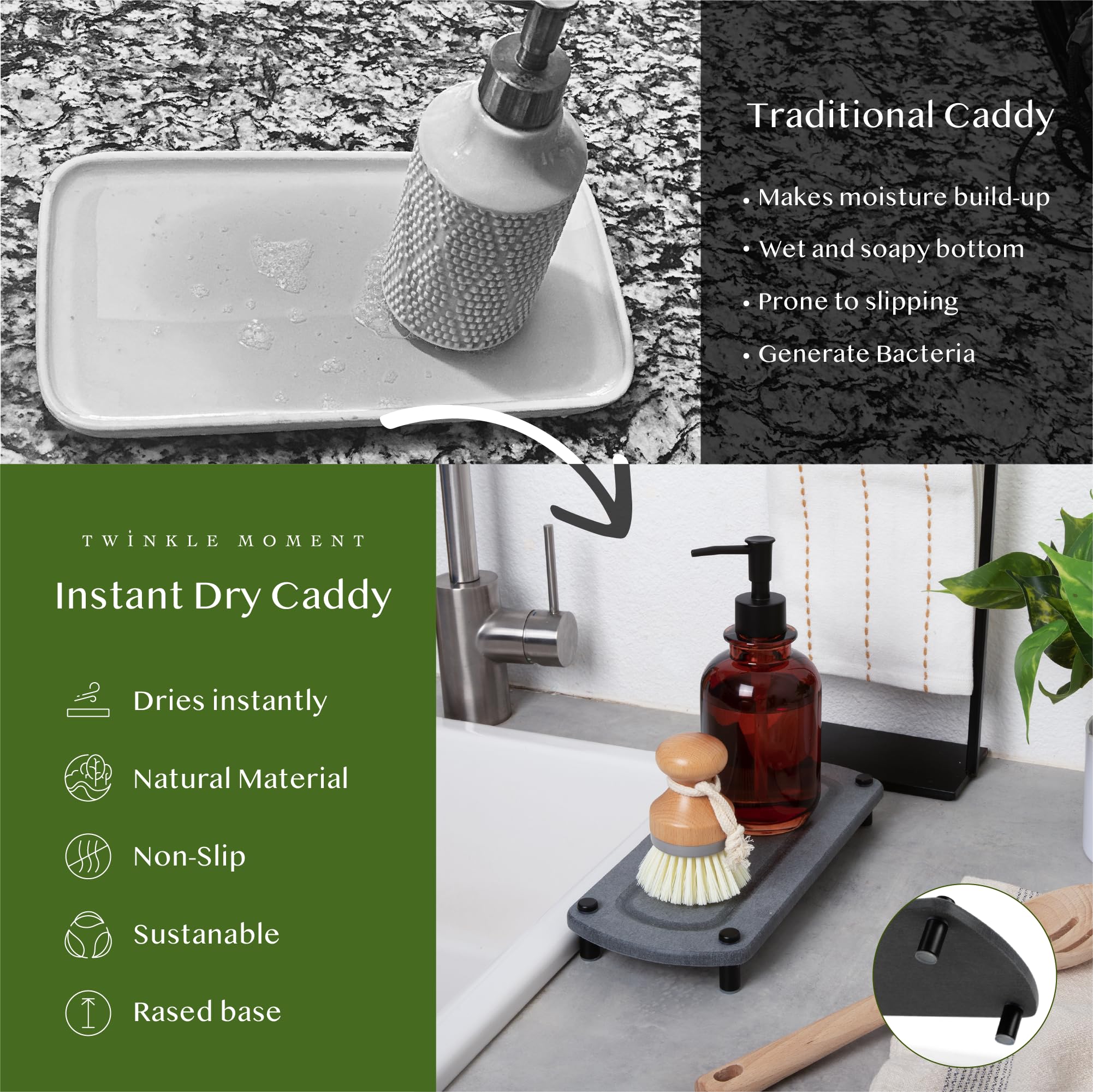 Twinkle Moment 2Pcs Instant Dry Sink Caddy Organizer, Fast Drying Sponge And Soap Dispenser Holder For Kitchen And Bathroom Coun