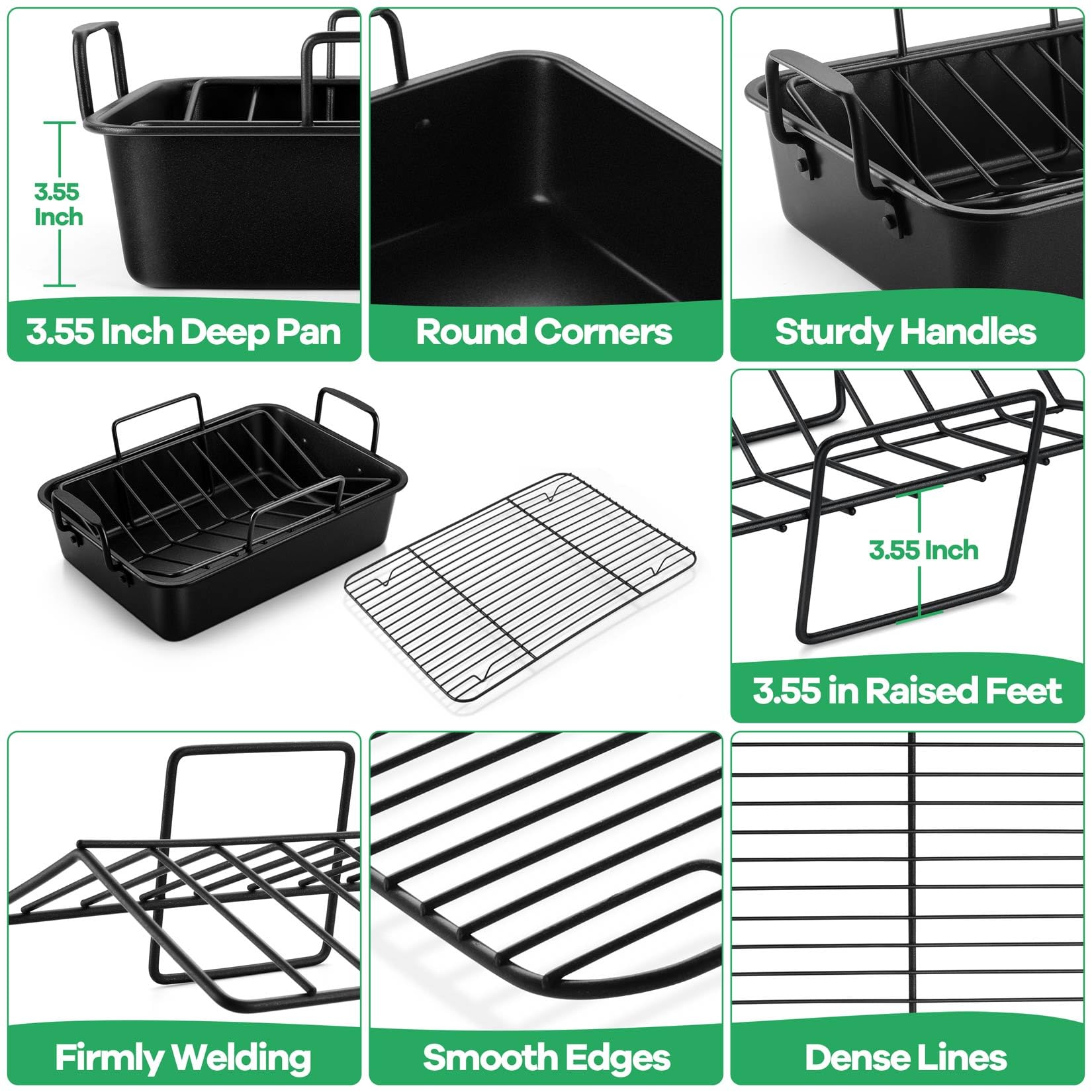 14 Inch Roasting Pan With Rack Set, P&P Chef Turkey Roaster Pan & V-Shape Baking Rack & Cooling Rack For Chicken Vegetable Lasag