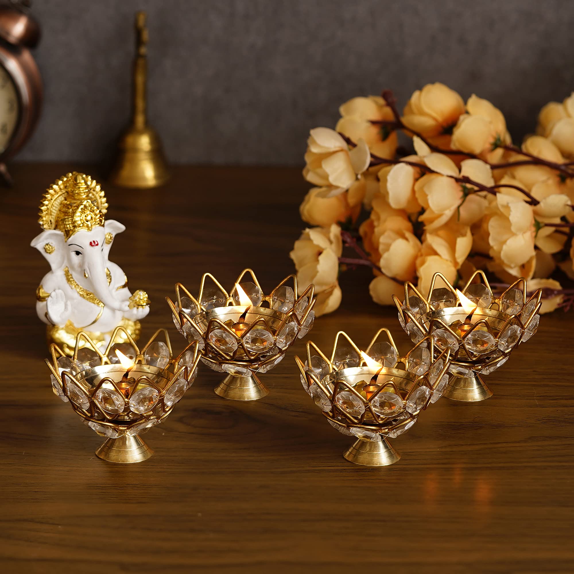 eCraftIndia Lotus Shape Crystal Golden Brass Diya for Diwali, Navratri, Dussehra, and Other Festive Occasions