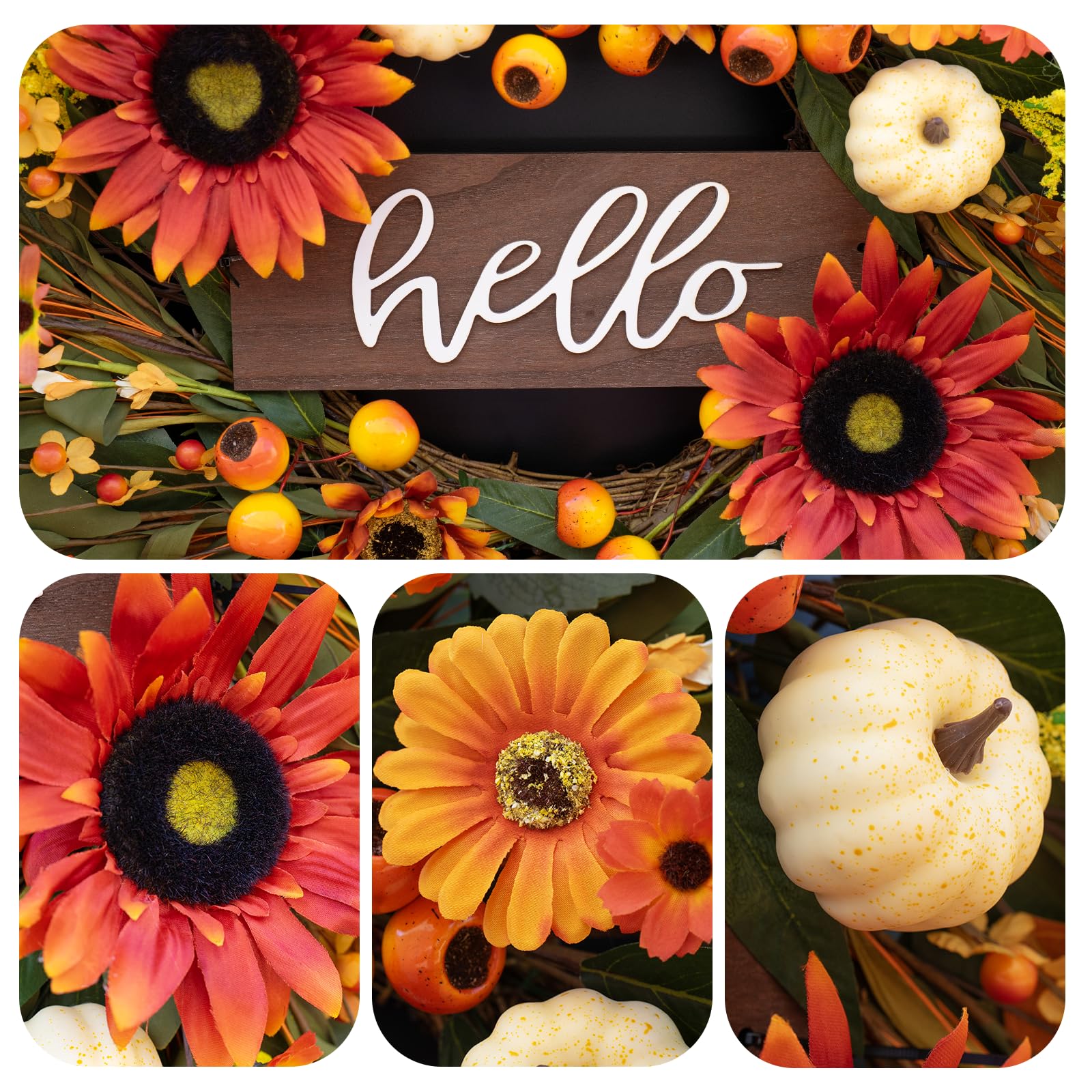 24 Inch Fall Wreaths for Front Door Outside- Pinkpuii Artificial Autumn Wreath with Sunflowers,Pumpkins & Hello    Sign- Lifelik
