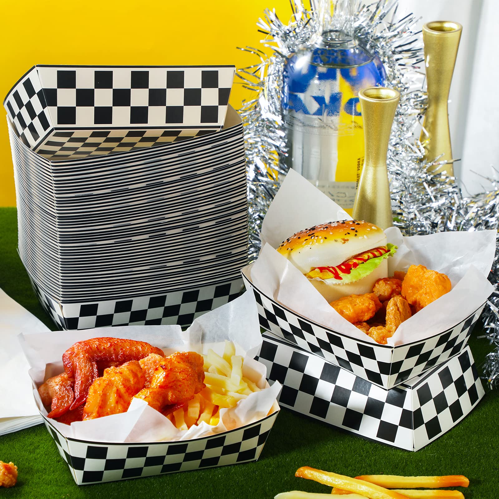 50 Pcs Checkered Paper Food Trays With 50 Deli Liner Disposable Racing Party Food Boat Black And White Plaid Food Serving Tray F