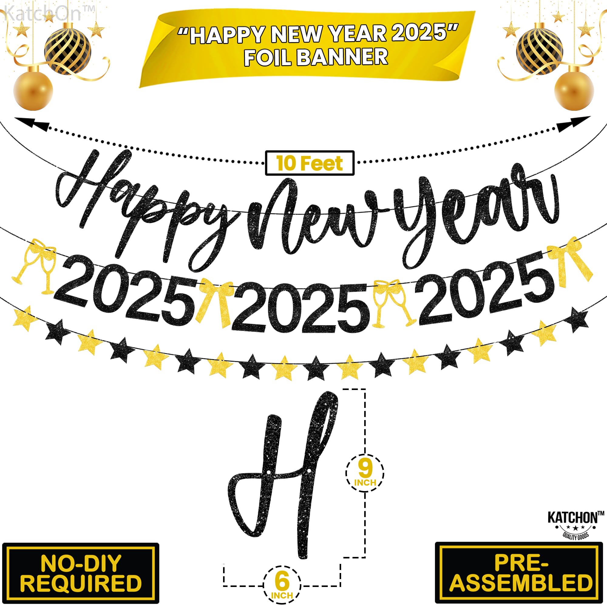 Katchon, Glitter Happy New Year Banner - 10 Feet, 3 Strings, No Diy | Black And Gold Happy New Years Banner 2025 | Happy New Yea